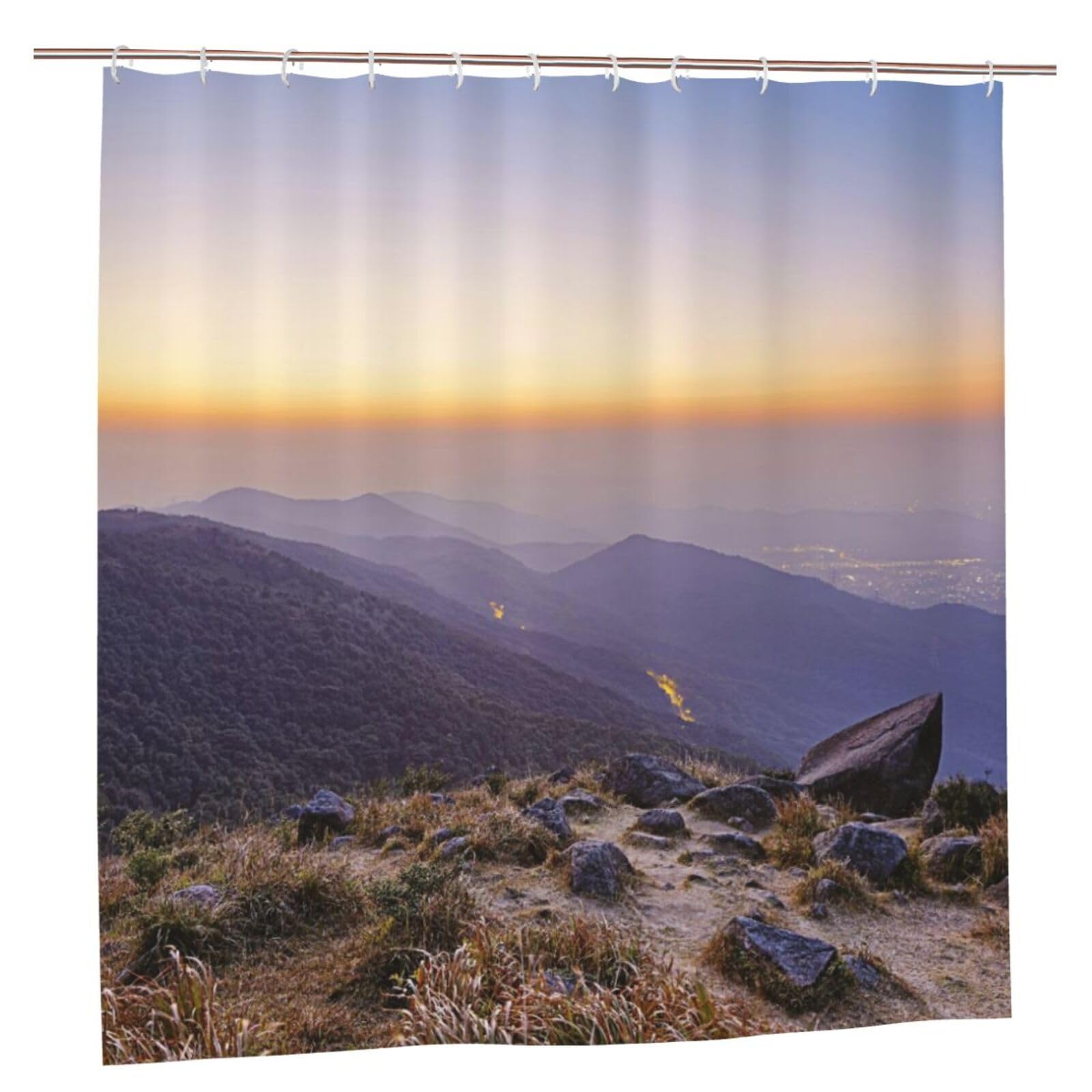 Oudrspo Polyester Fabric Shower Curtain - 70x70 Inch with Metal Grommets, Artistic Privacy Design, Mountain and Sunset