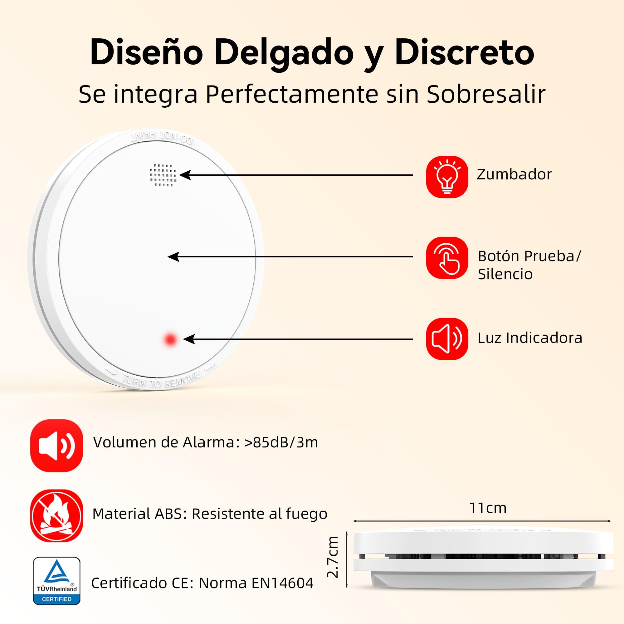 Detector de Humo con Batería de 10 Años, Alarma de Incendio con Indicador LED y Botón de Silencio, Alarma de Humo con Batería, Conforma al Estándar EN 14604, 6 Piezas