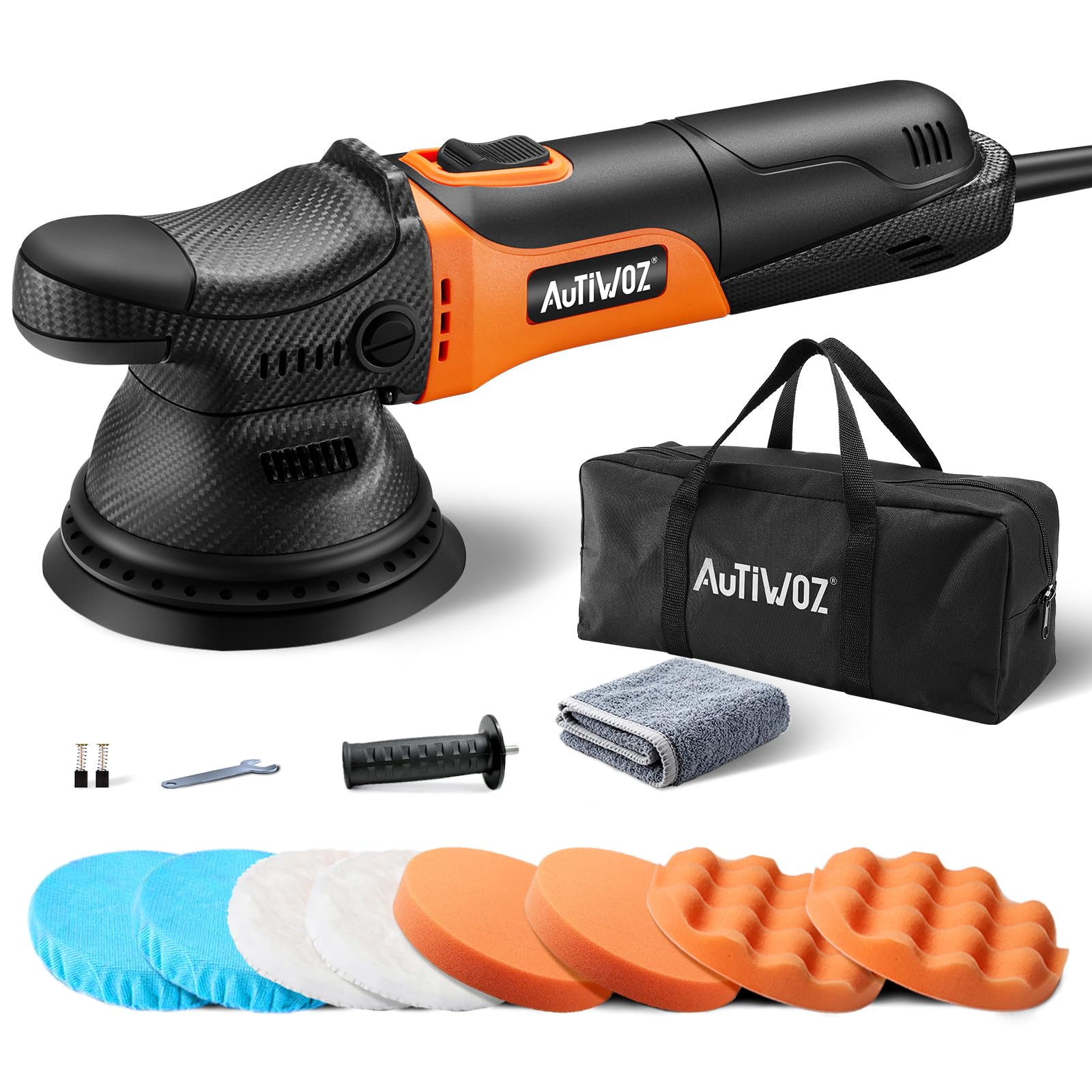AUTIWOZ 630W Lucidatrice Auto Orbitale 9mm,125mm Kit di Lucidatura,Levigatura Eccentrica Piccole Dimensioni,6 Velocità Variabili (2000-6200 giri/min),Cura dell'auto,Rimozione dei graffi - W01