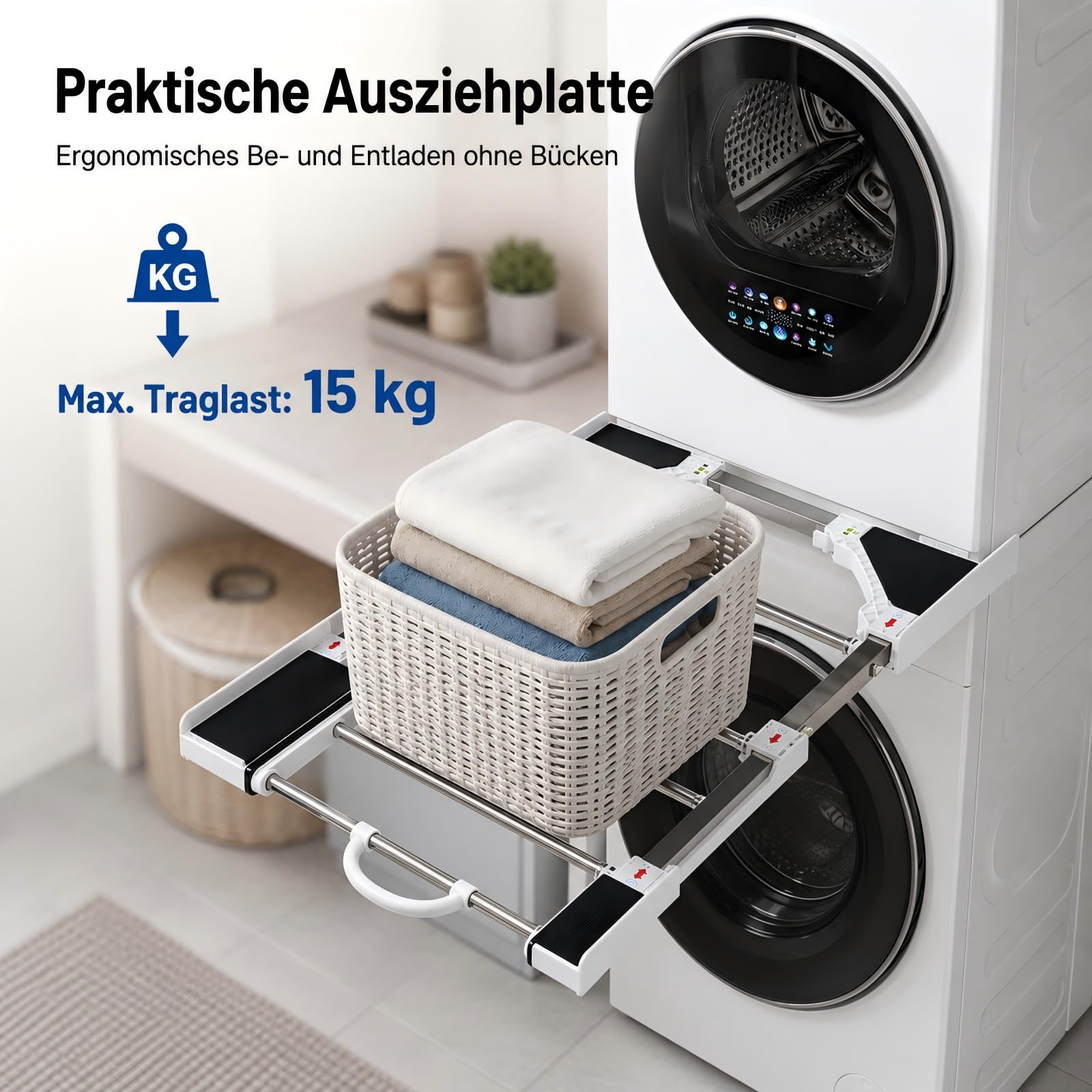 Zwischenbaurahmen Waschmaschine Trockner Wäschehalter, 46-72 cm | Verbindungsrahmen mit Spanngurt und Ratsche, ohne Bohren montierbar Platzsparender für Alle Marken
