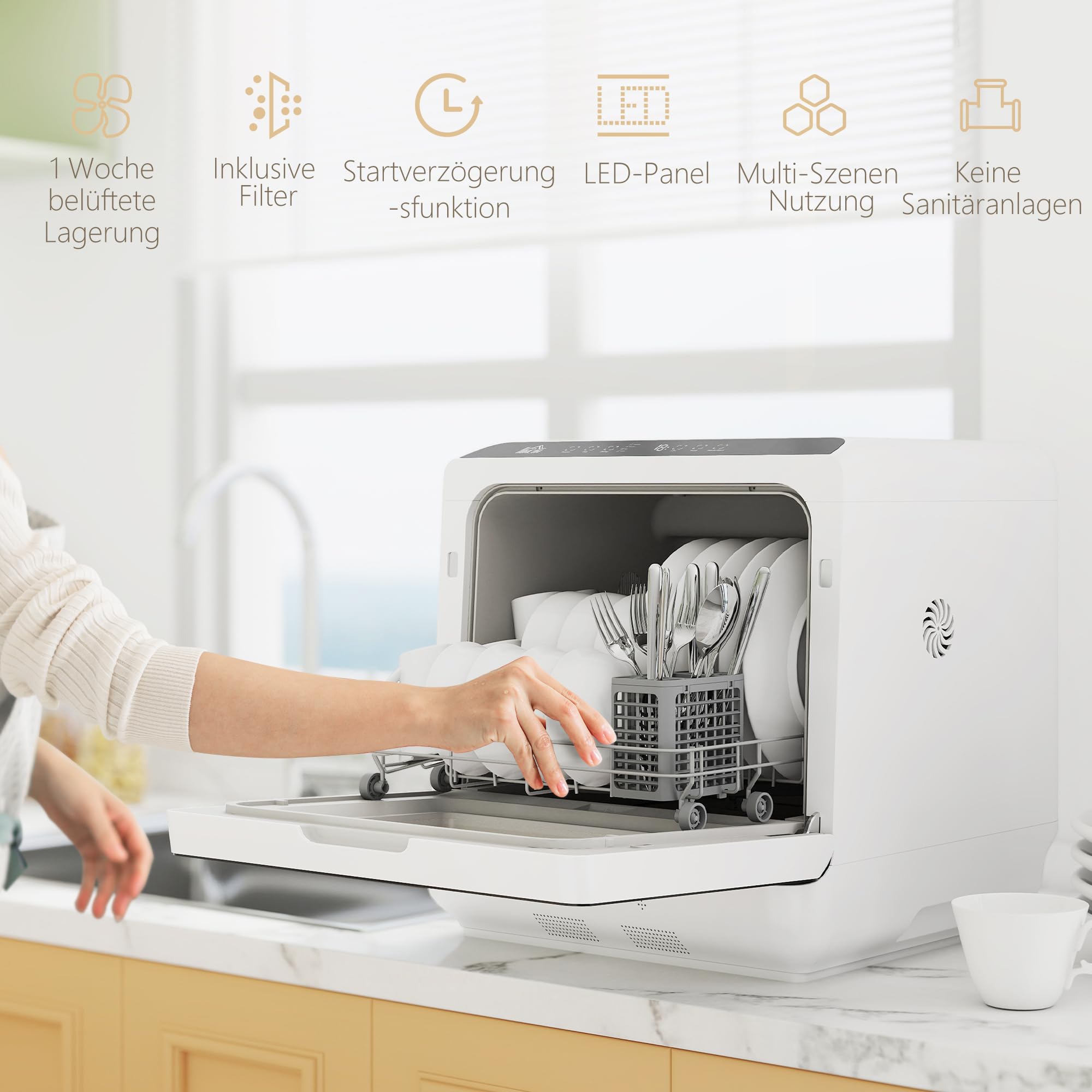 HOMCOM Mini lavastoviglie autoportante, con 4 controsoffitti, 5 programmi, funzione asciutta, serbatoio dell'acqua da 6 l, display a LED, lavastoviglie con/senza attacco per acqua per campeggio