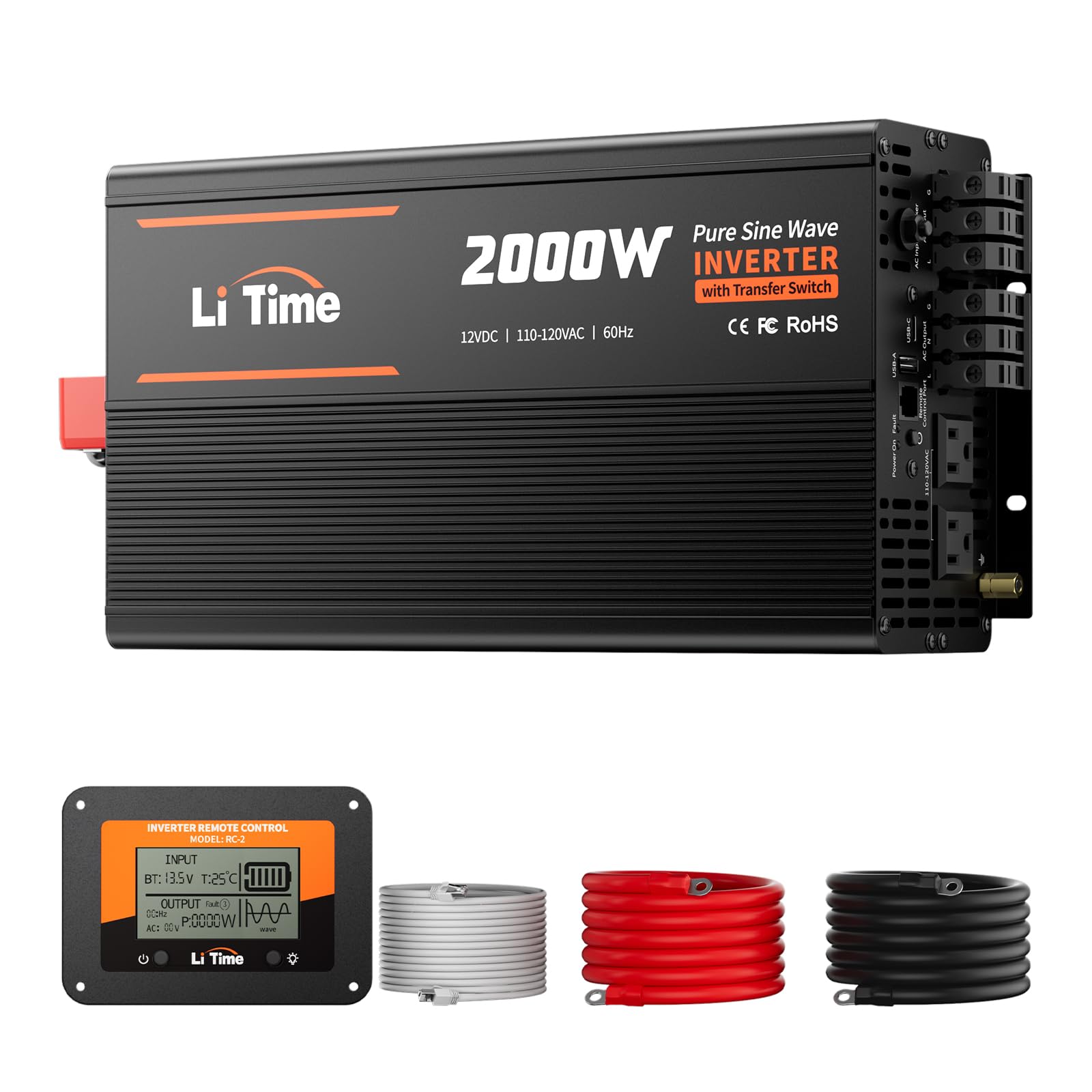 LiTime 12V 2000W Power Inverter with ATS Transfer Switch, 12V DC-120V AC