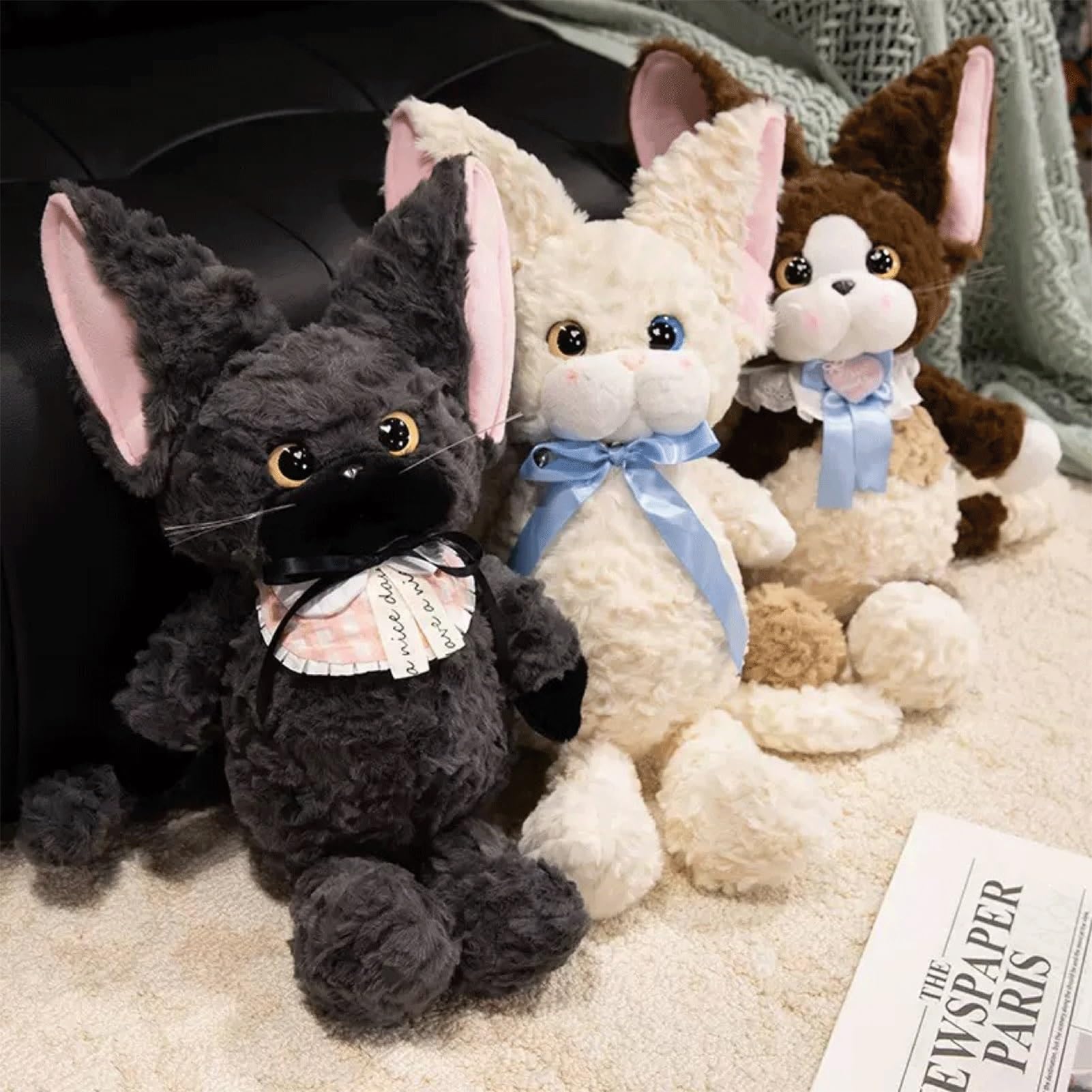 Muñeca de peluche de gato Devon Rex, animal de peluche de gatito con accesorio for collar, juguete de peluche for niñas y adolescentes, regalo de cumpleaños for compañeros(Black,60cm/23.6in)