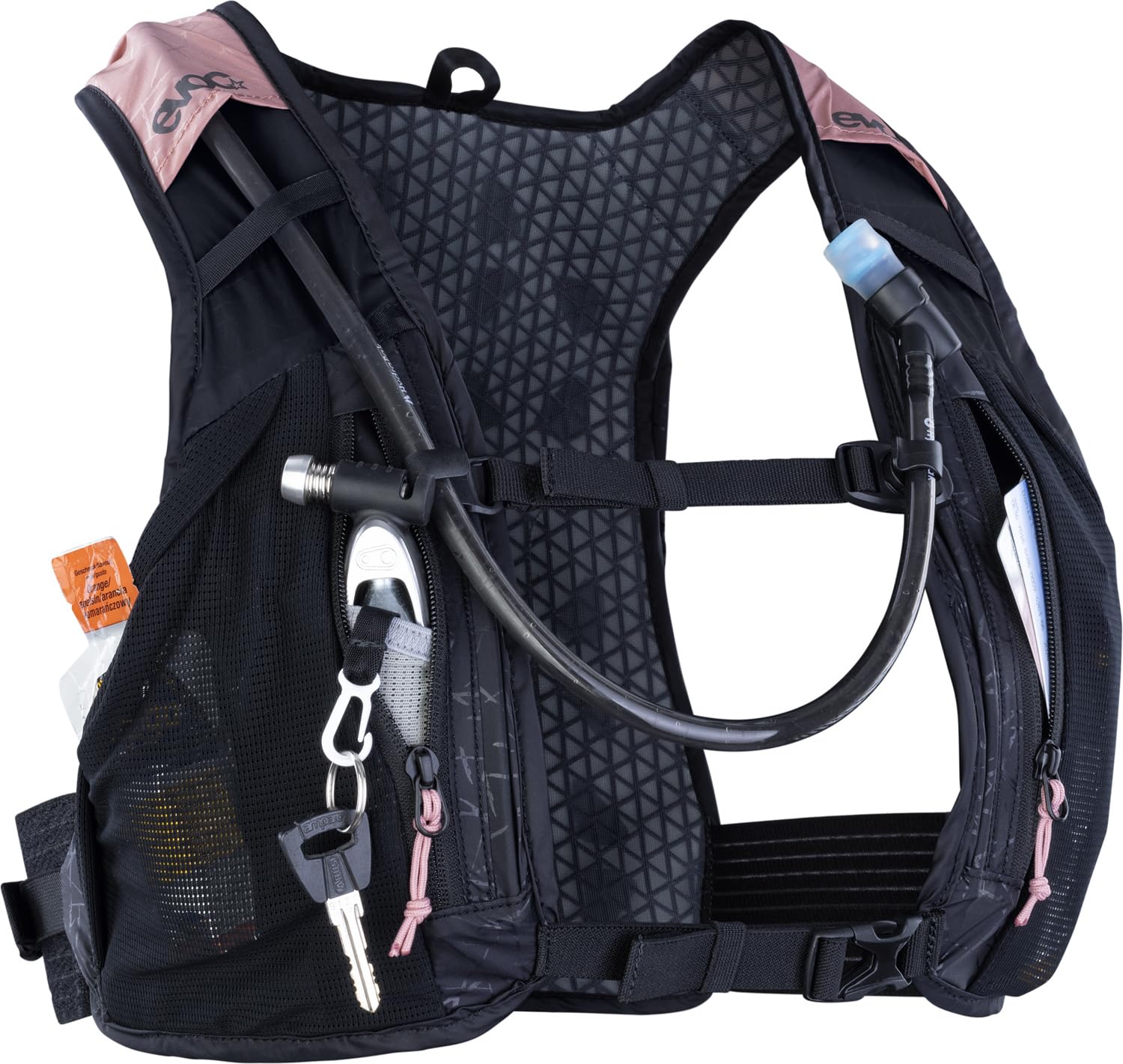 EVOC HYDRO PRO 6 + HYDRATION BLADDER 1,5, zaino idratante (2 scomparti per alimenti e tasche con cerniera, incl. sacca idrica da 1,5 l, taglia unica), rosa antico - nero