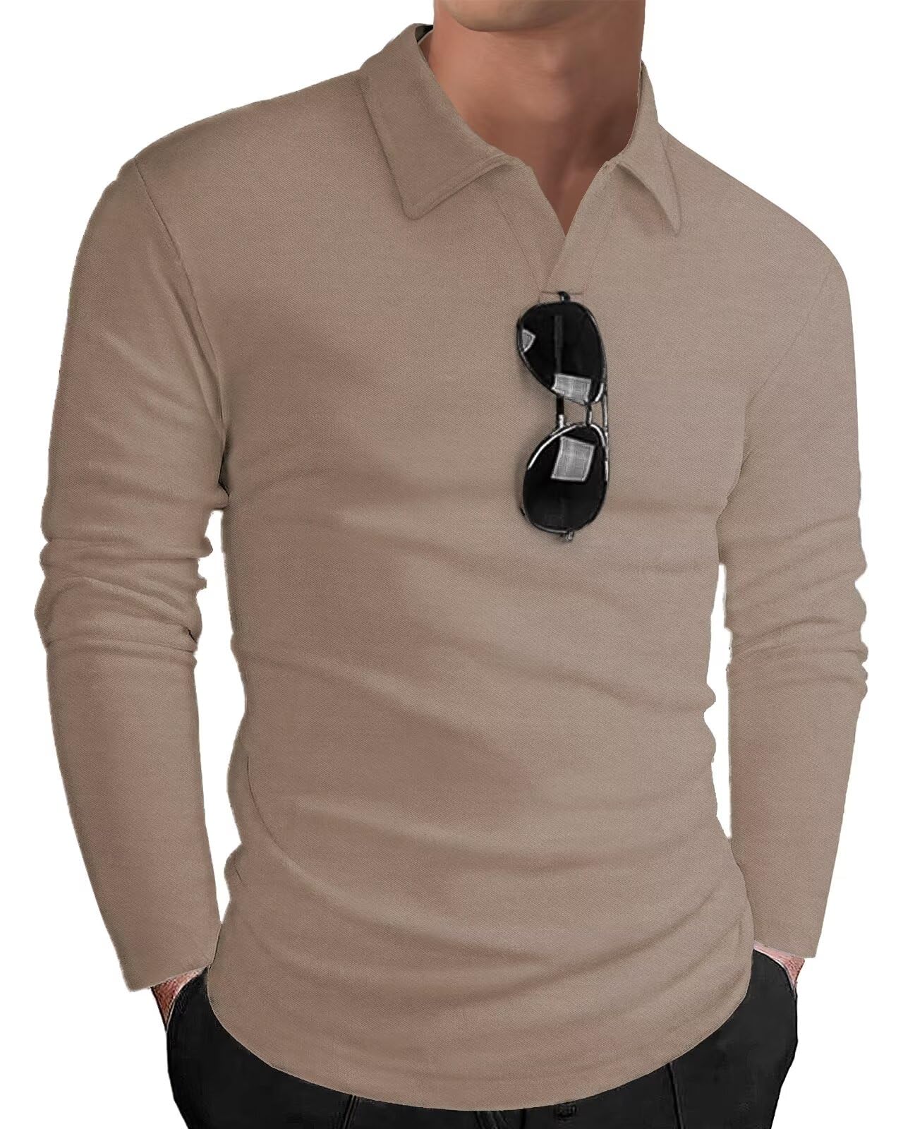 HMIYA Poloshirt Herren Langarm Baumwolle Langarmshirt Sweatshirt V-Ausschnitt Casual T-Shirts