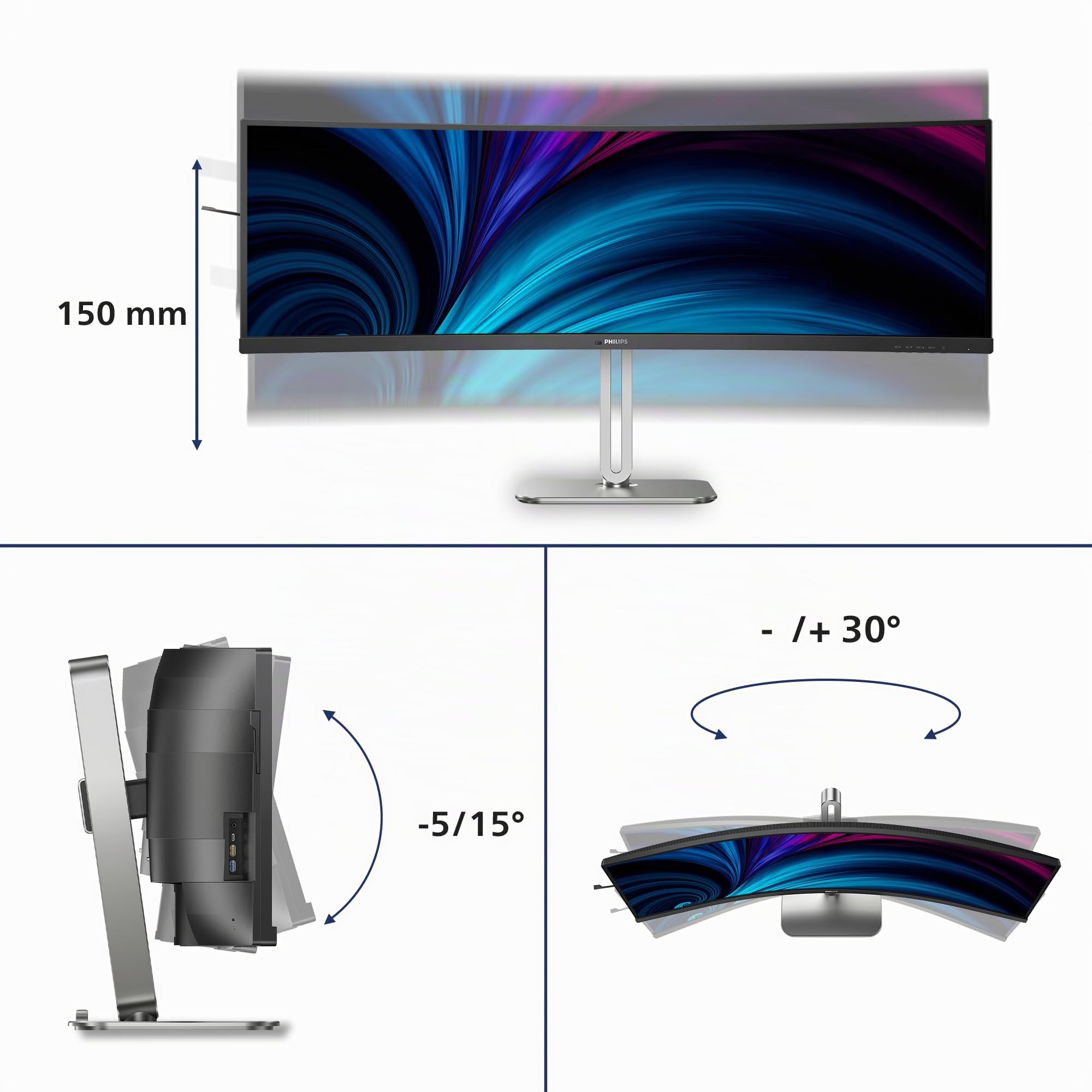 Philips Monitor 49B2U5900C 49 pollici Curvo 5120x1440, DQHD, 75Hz, VA Panel, 4ms GtG, USB Hub Speakers, Height Adjustment, (HDMI2x 2.1 TMDS DP 1x 1.4) HDR400, Grigio Antracite