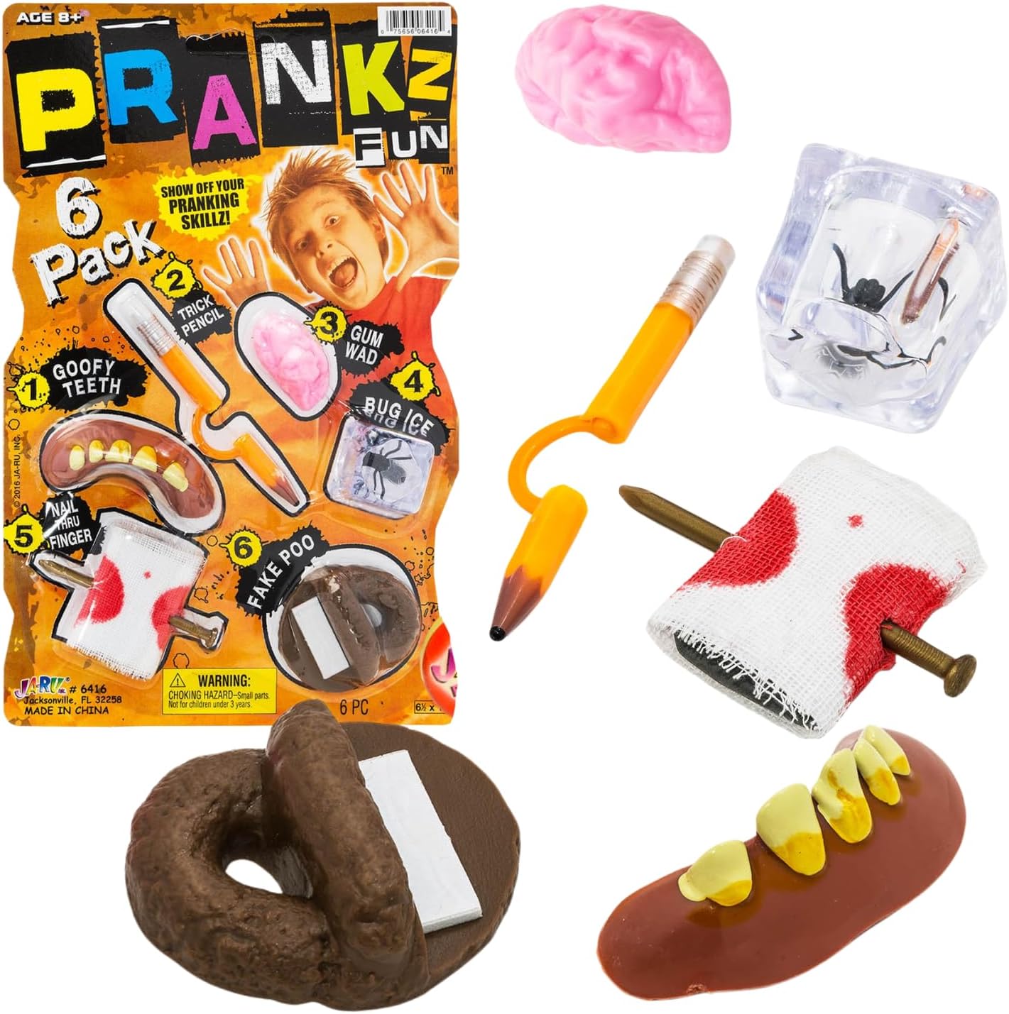 JA-RU Prank Kit for Kids (1 Pack) – Funny Pranks & Practical Jokes | Ugly Fake Teeth, Fake Poop, Prank Gum, Bug in Ice & Pencil Through Finger, Gag Gifts for Kids. 6416-1p