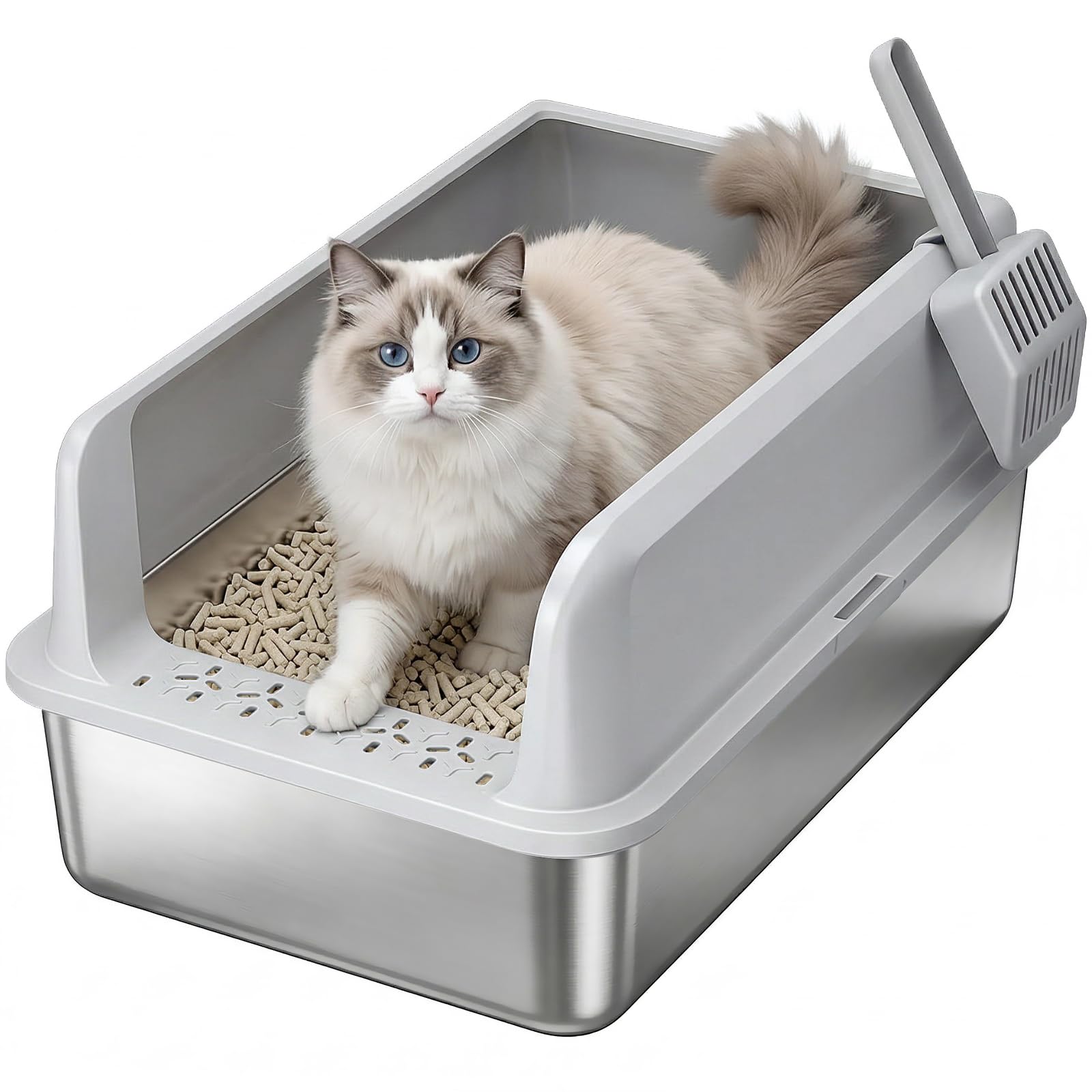 Lifewit Arenero Gato Acero Inoxidable con Pala, Caja de Arena para Gatos Grande, Arenero Gatos para Salón, Dormitorio, 58 x 38 x 26 cm, Gris Recycled Claim Standard 100