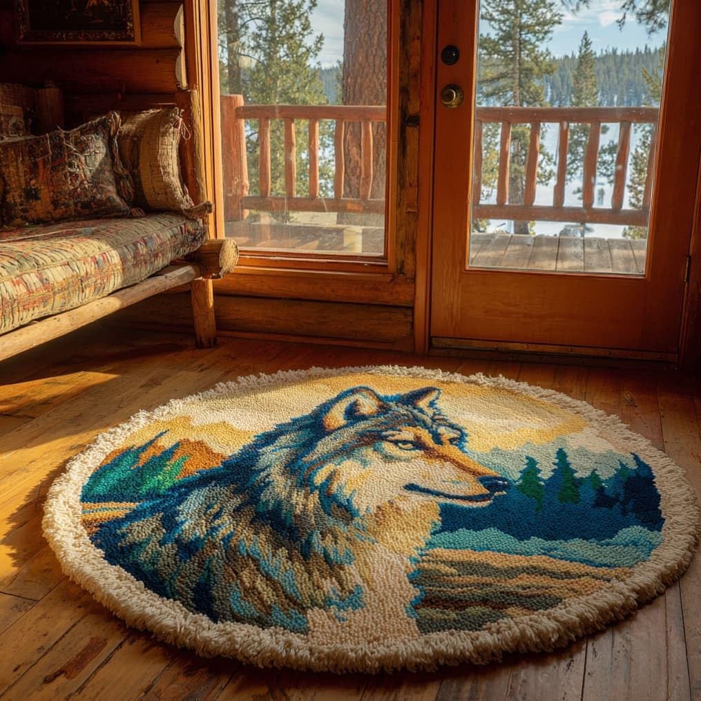 kitphoenix Round DIY Latch Hook Rug Kits Forest Wolf 20X20Inch (50X50Cm) Easy for Beginners Round Carpet Crochet Yarn Craft Large Rug Hook and Latch Tapestry for Home Decor