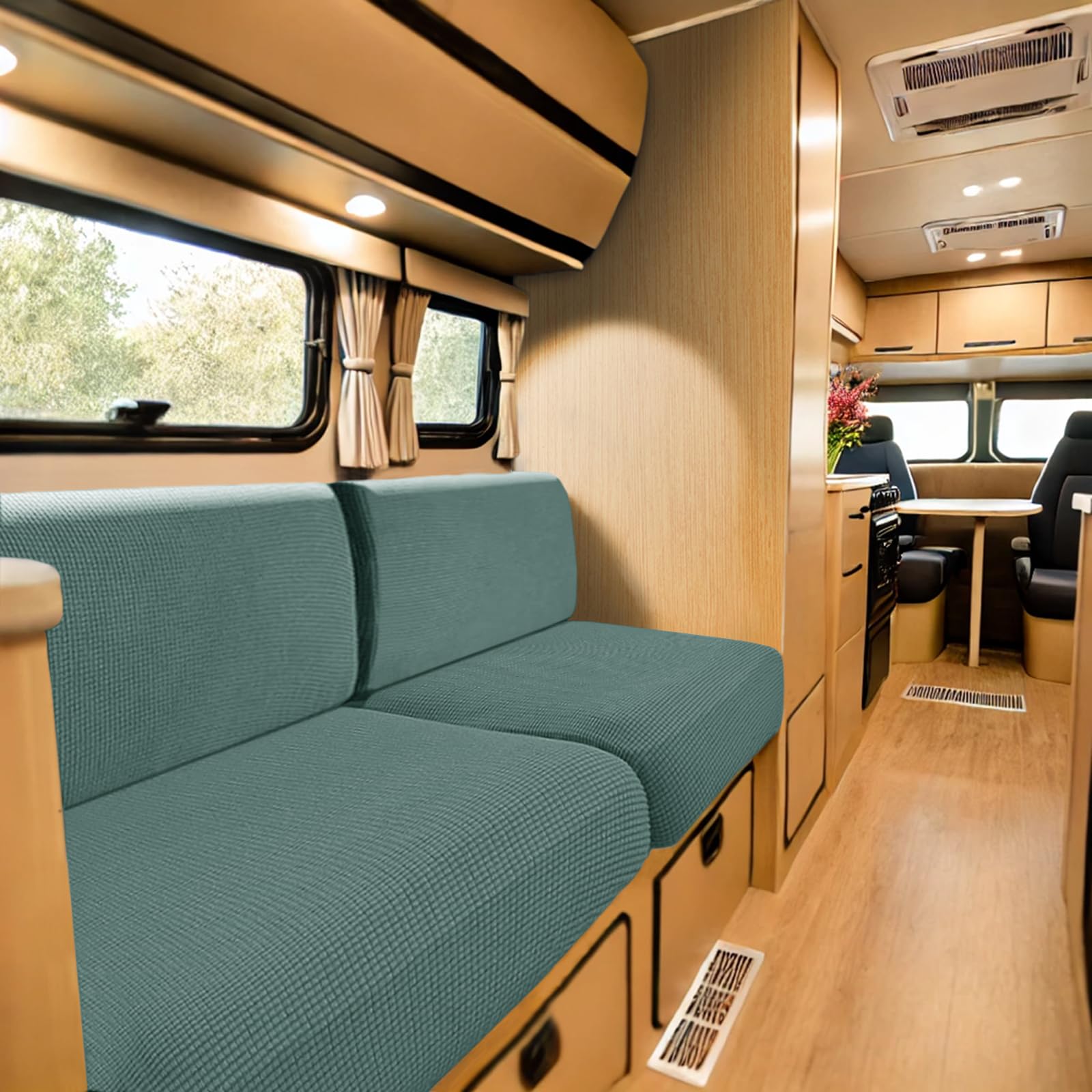 SYLC Caravan Seat Cover Stretch Jacquard, Non-slip RV Dinette Cushion Covers with 2 Straps, Couch Cushion Covers for Camper Sofa Bench (Lake Green,W 95-115 cm, D 45-65 cm)