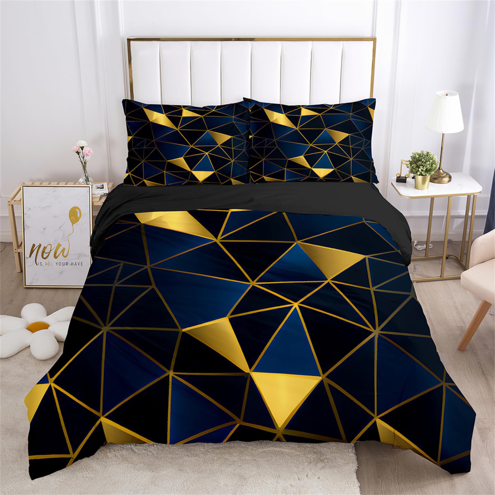 Dwetcxo Double Duvet Set Blue Gold Geometry Duvet Sets Double Bed Soft Microfiber Washable Duvet Cover Sets Easy Care Bedding with Zipper Closure+2 Pillowcases 50x75cm 200x200cm