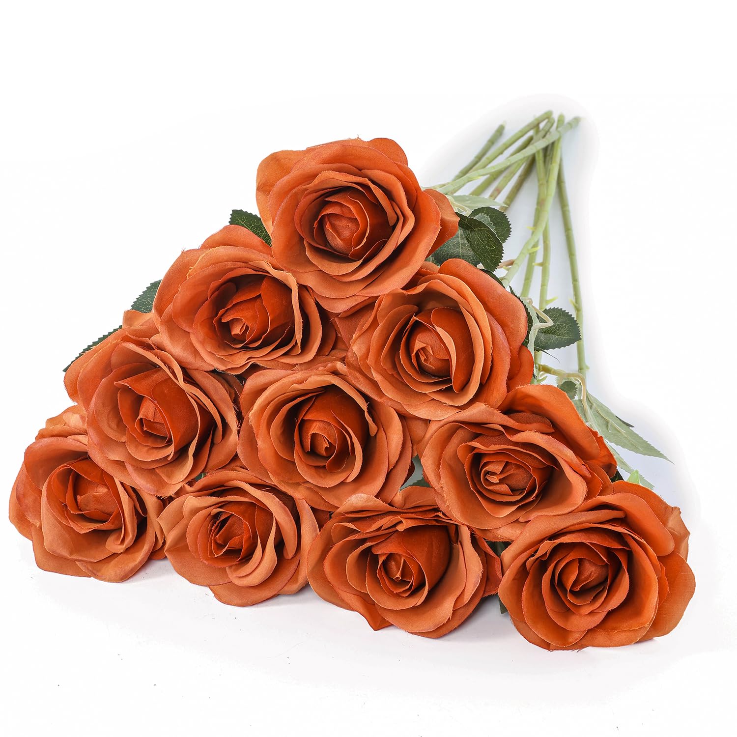 LEUCHTAMOR 10 Stück Künstliche Rosen 54cm Fake Seidenrosen Langer Stiel Realistische Rosen für DIY Bastelblumen Hochzeits Brautsträuße, Arrangements, Party und Heim Dekor(Gebranntes Orange)