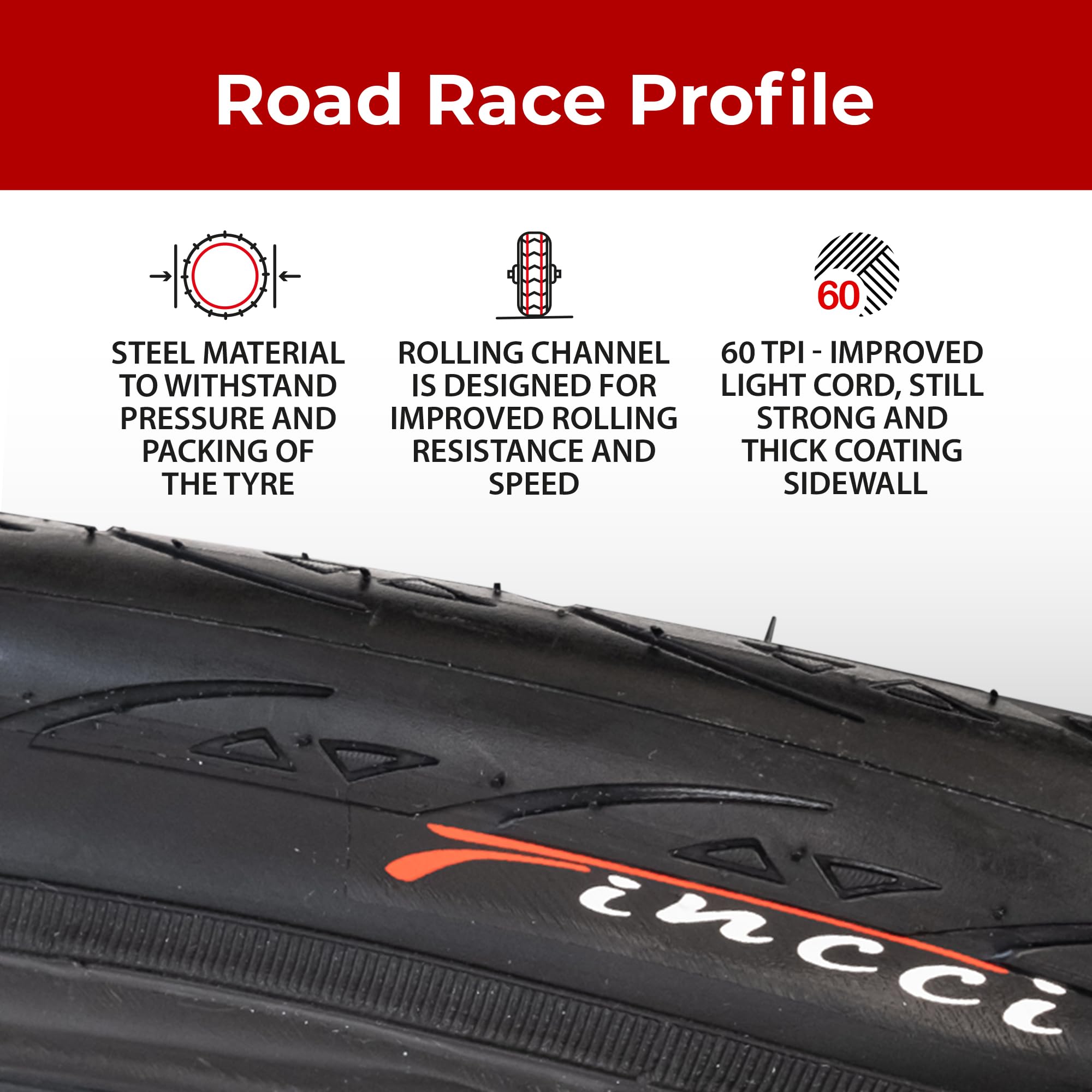 Fincci Pneu Vélo Route 700x25c Conna, Protection 3mm, 60 TPI – Paire de 2 Pneus 25-622, Idéal pour Route, Vélo Électrique (VAE), E-Bike et Home Trainer, Haute Vitesse, Grip et Durabilité