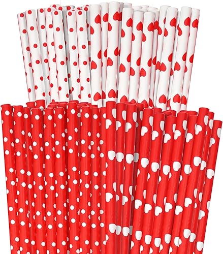 EVECILOO 200 popotes de papel para el día de San Valentín, pajitas de papel de punto rojo, pajitas desechables para boda, fiesta de cumpleaños,