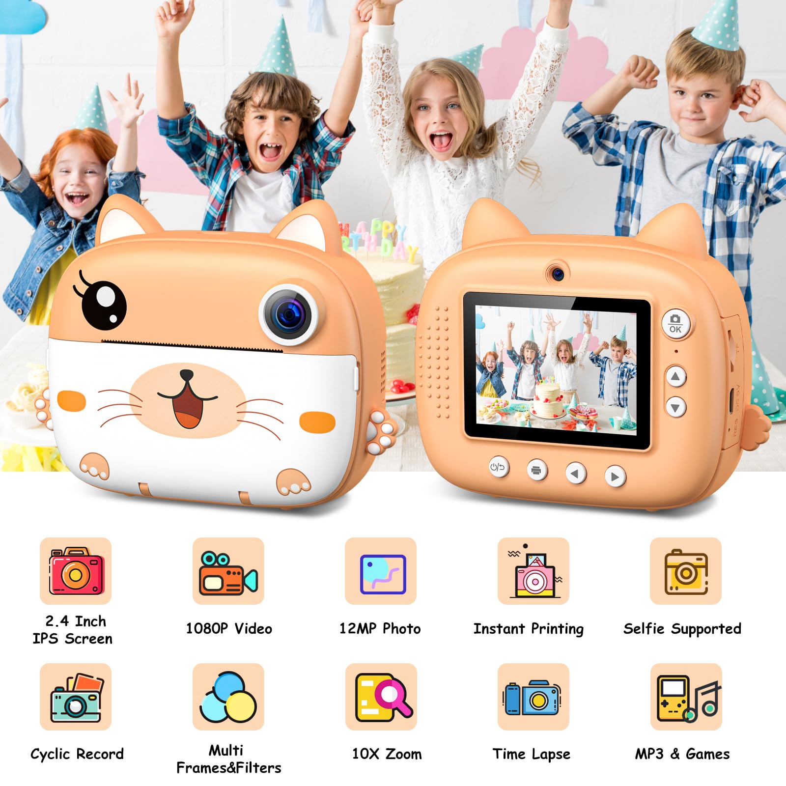 Macchina Fotografica Bambini Istantanea, GREENKINDER 2.4 Pollici/1080P HD Fotocamera Istantanea Bambini Digitale con 32GB Scheda & 5 Penne Colorat, Carta da Stampa, Regalo per Bambini dai 3-12 Anni