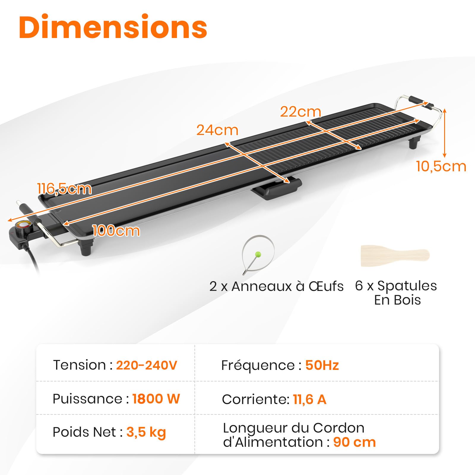 RELAX4LIFE 1800W Gril Électrique Extra Large avec Contrôle de Thermostat à 4 Niveaux & Bac de Récupération Amovible, Barbecue Plancha Antiadhésive Teppanyaki Portable (117x24cm)