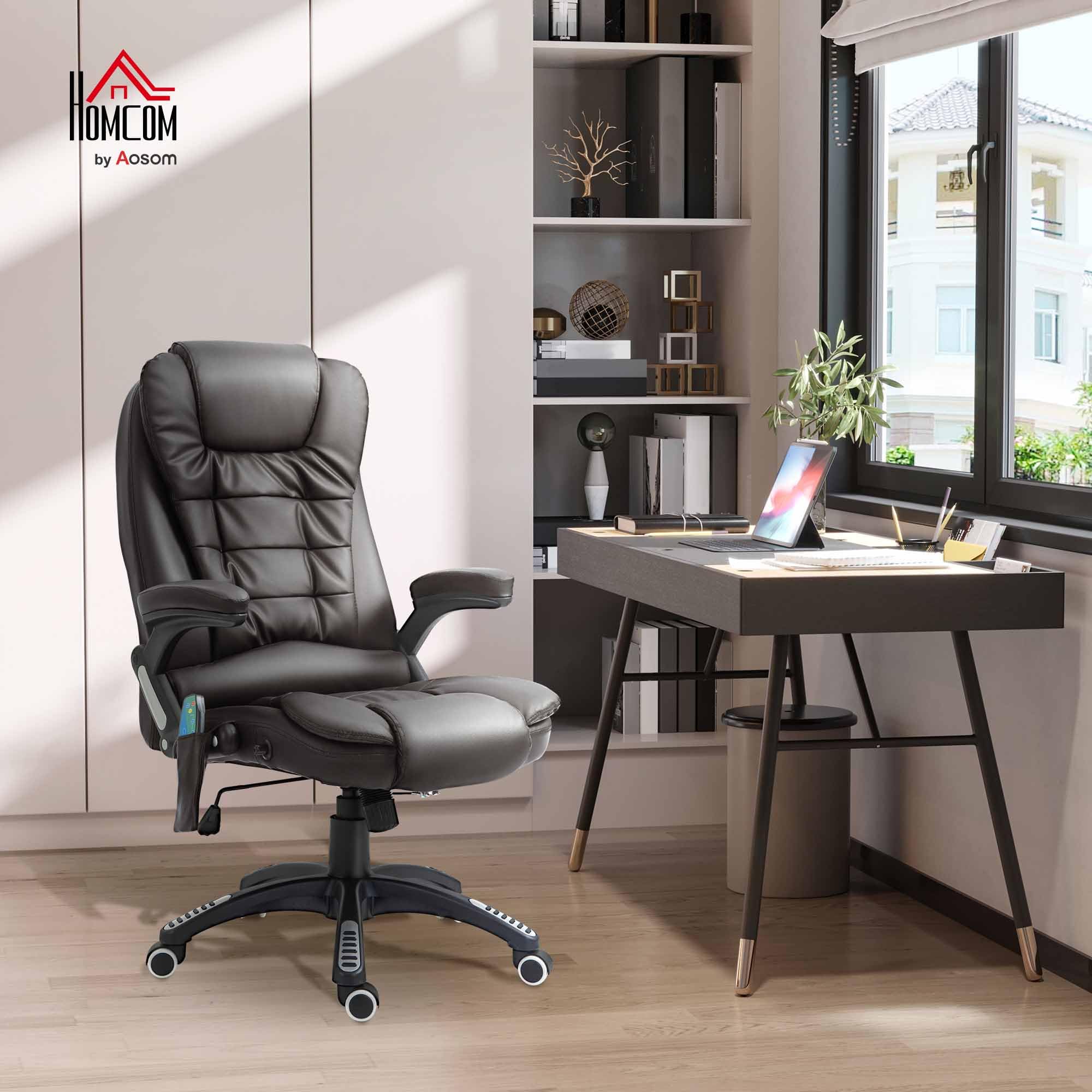 HOMCOM Bürostuhl mit Massagefunktion Ergonomischer Chefsessel, Braun | Ergonomischer Chefsessel, Liegefunktion, Wippfunktion, Höhenverstellbar, Schreibtischstuhl, Kunstleder