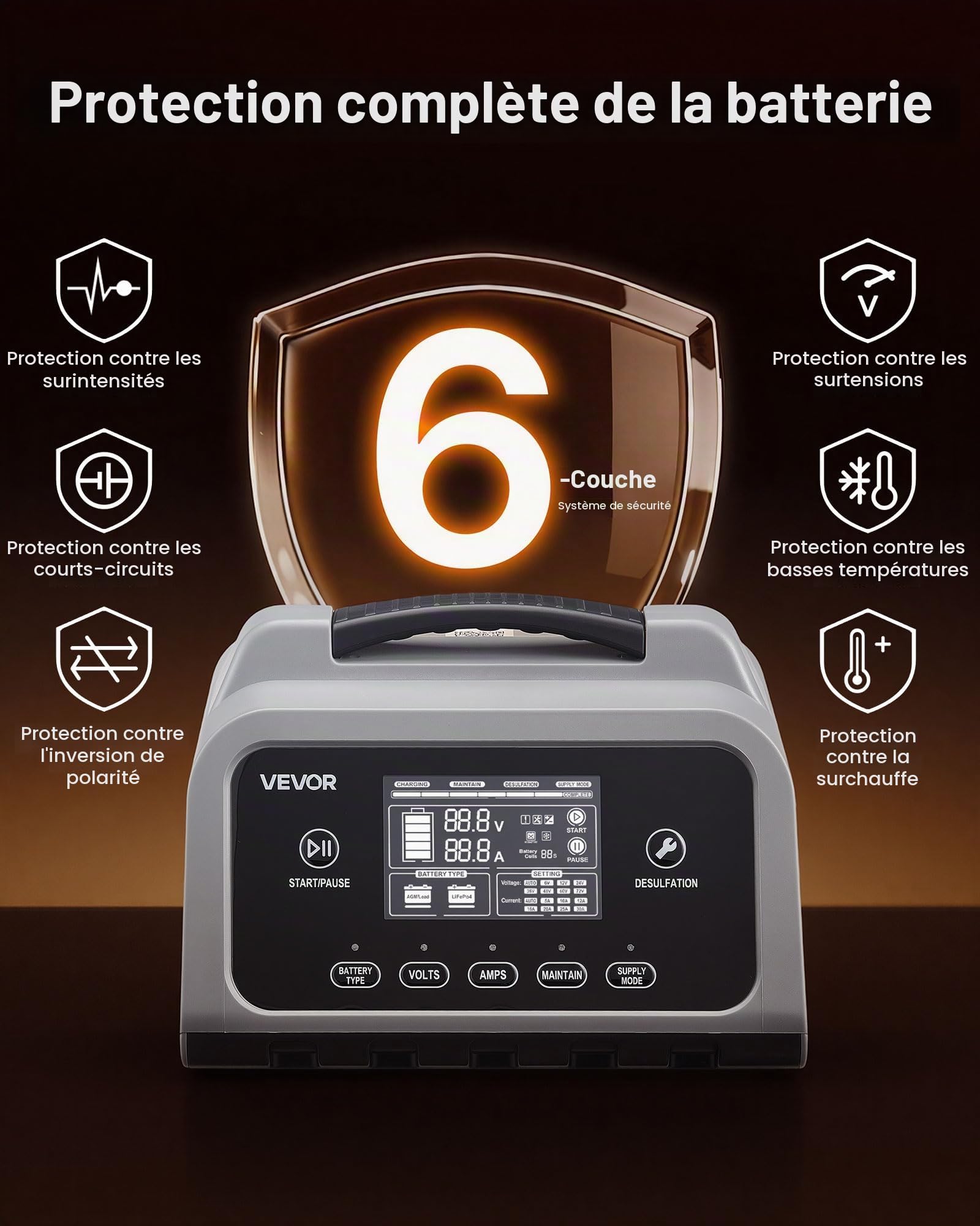 VEVOR Chargeur de Batterie Intelligent 30 A 6 V 12 V 24 V Chargeur de Batterie Voiture Lithium LiFePO4 Plomb-Acide pour Auto Moto Bateau Camping-Car, Maintien de Charge, Désulfatation, avec Écran LCD