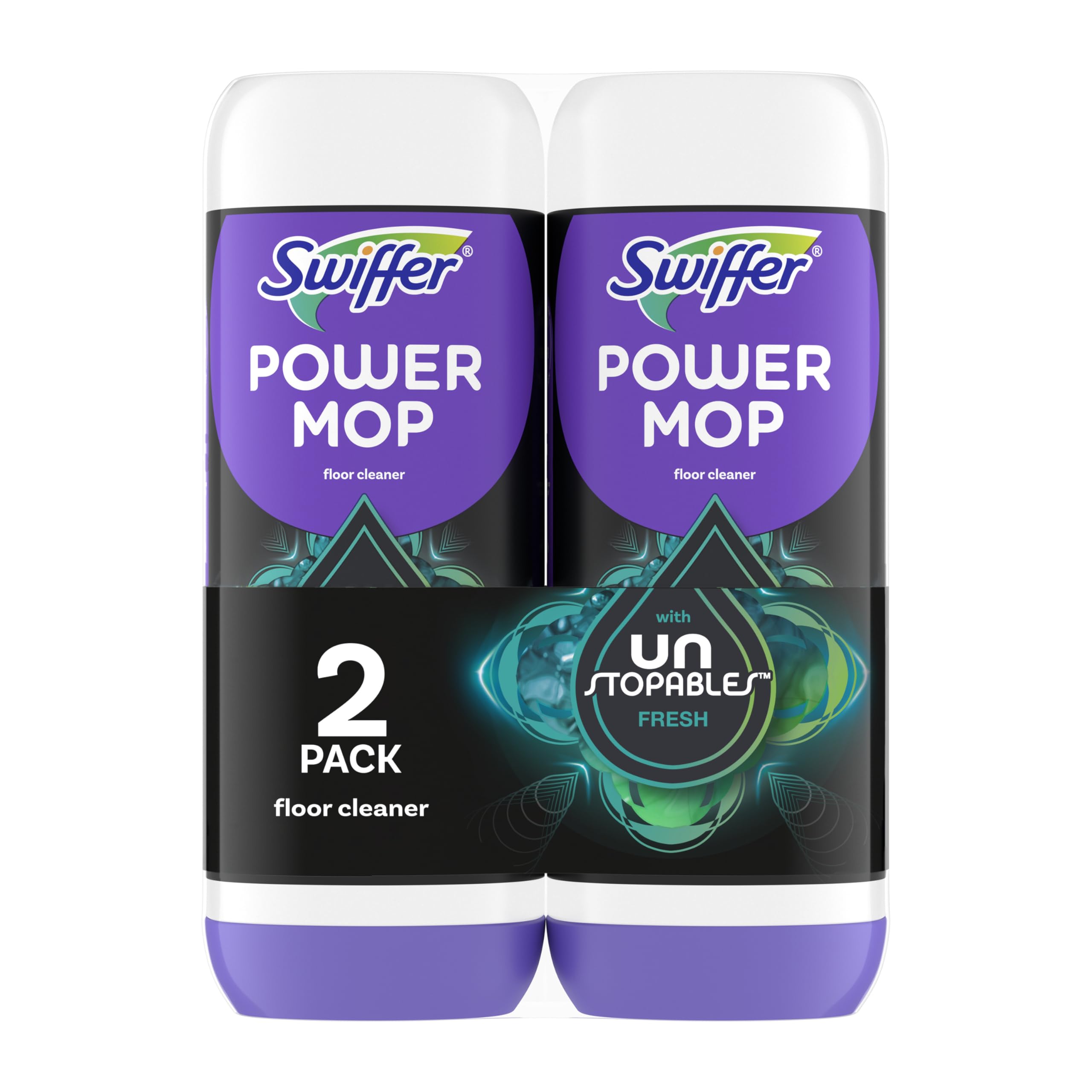 swiffer powermop floor cleaning solution with unstopables fresh scent, powermop refills, floor cleaner for mopping, 25.3 fl oz, 2 pack