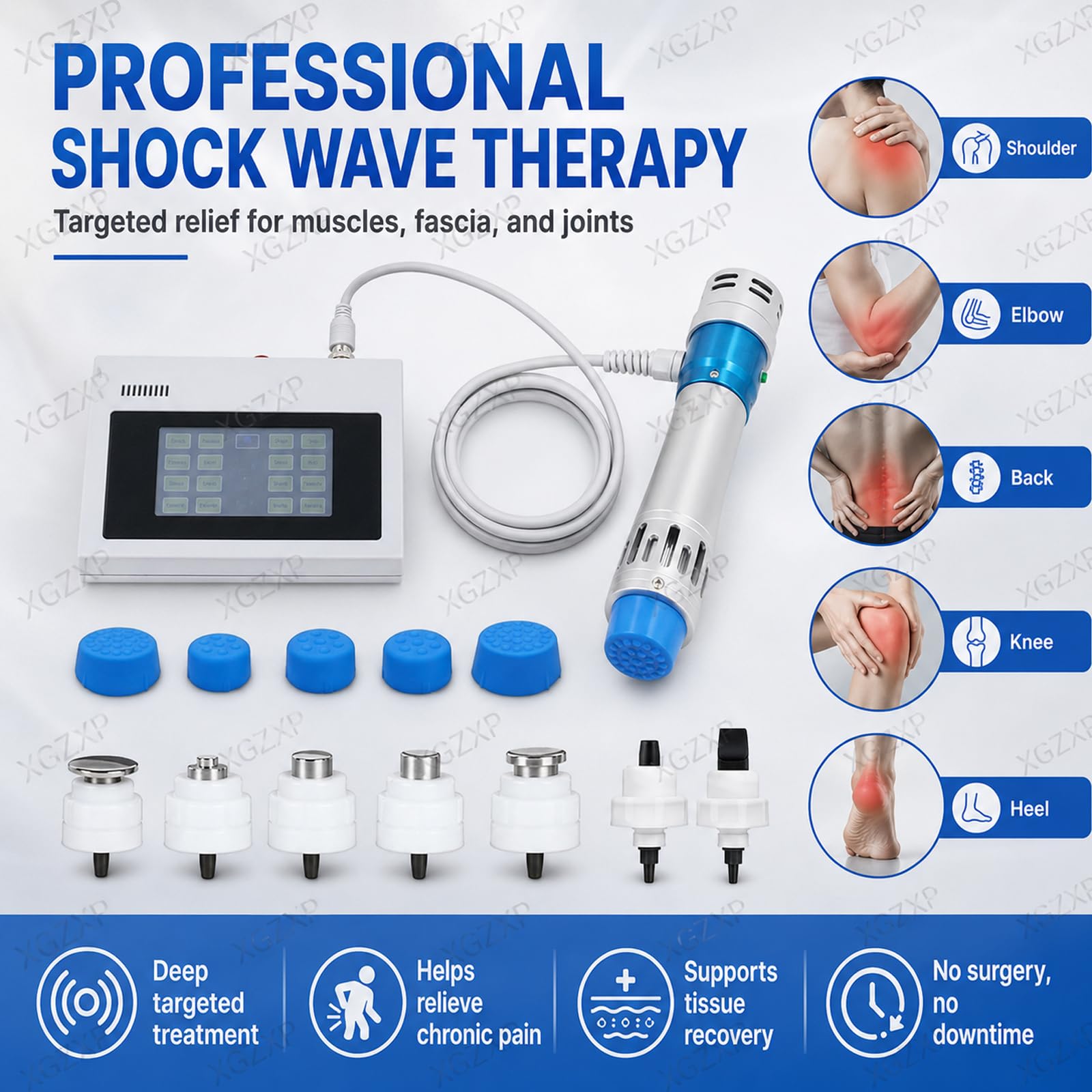 Dispositivo De Terapia De Ondas De Choque, Ondas De Choque Extracorpóreas, Frecuencia Ajustable De 1 a 16 Hz Y Energía De 5 a 250 MJ, con 7 Sondas, para Gimnasio Y Rehabilitación