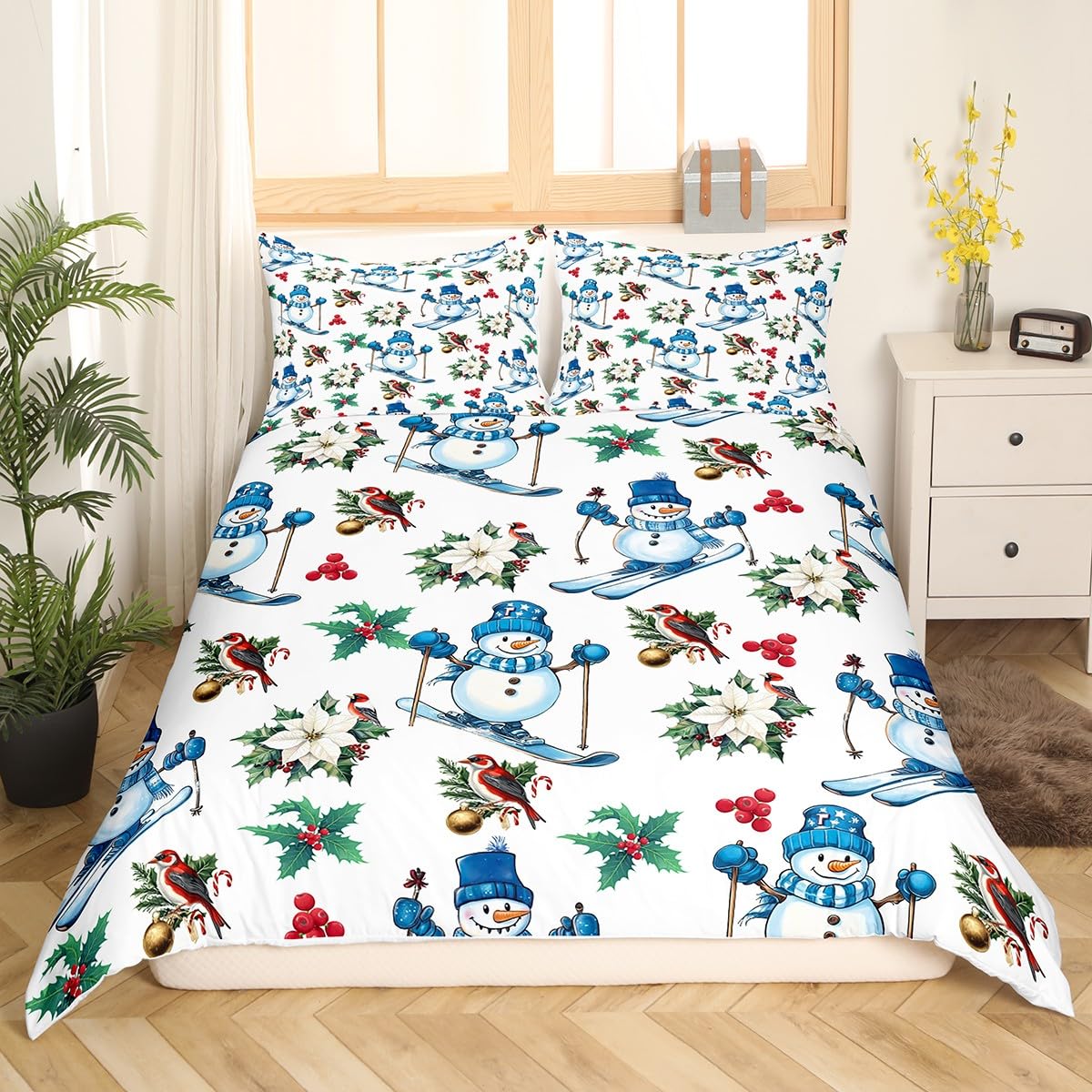 Manfei 2 Pieces Winter Sport Skiing Duvet Cover Twin Size for Teens Youth,Cute Christmas Snowman Cartoon Comforter Cover,Red Green Flowers Leaves Farmhouse Style Super Soft Bedding (Not Comforter)