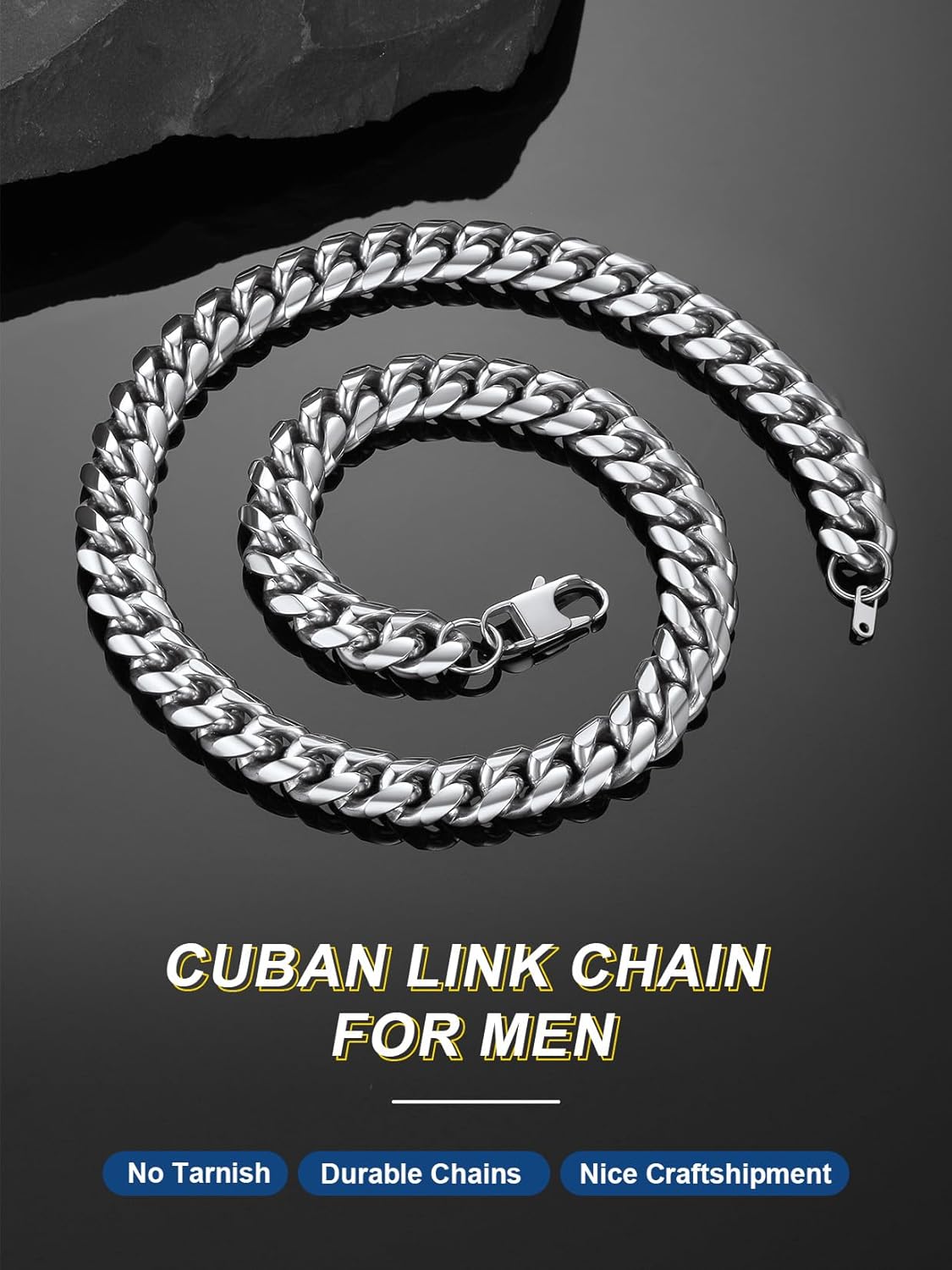 ChainsPro Stainless Steel Cuban Link Chains for Men, 4.8/6/10/14mm Width Cuban Chain Necklace, Black/18K Gold Plated/Silver No Tarnish Chains Jewelry for Men, 18-30 inch Length Hip Hop Miami Necklace, Send Gift Box