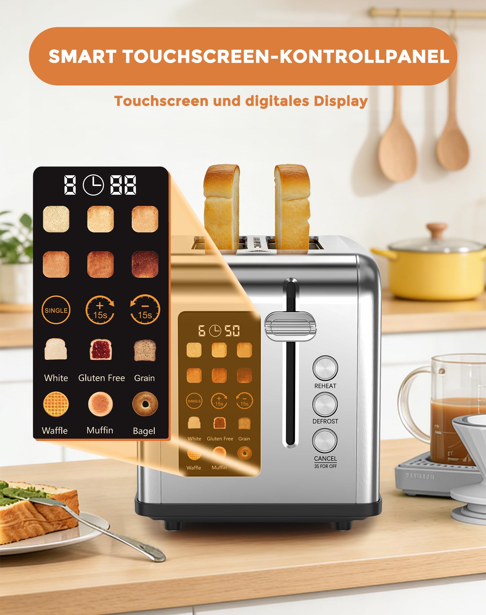 Toaster 2 Scheiben, LED-Touchscreen, Edelstahl Langschlitztoaster, 6 Bräunungsstufen, 6 Brotprogramme, Auftau-, Aufwärm- & Stoppfunktion, 880W (2 Scheiben)