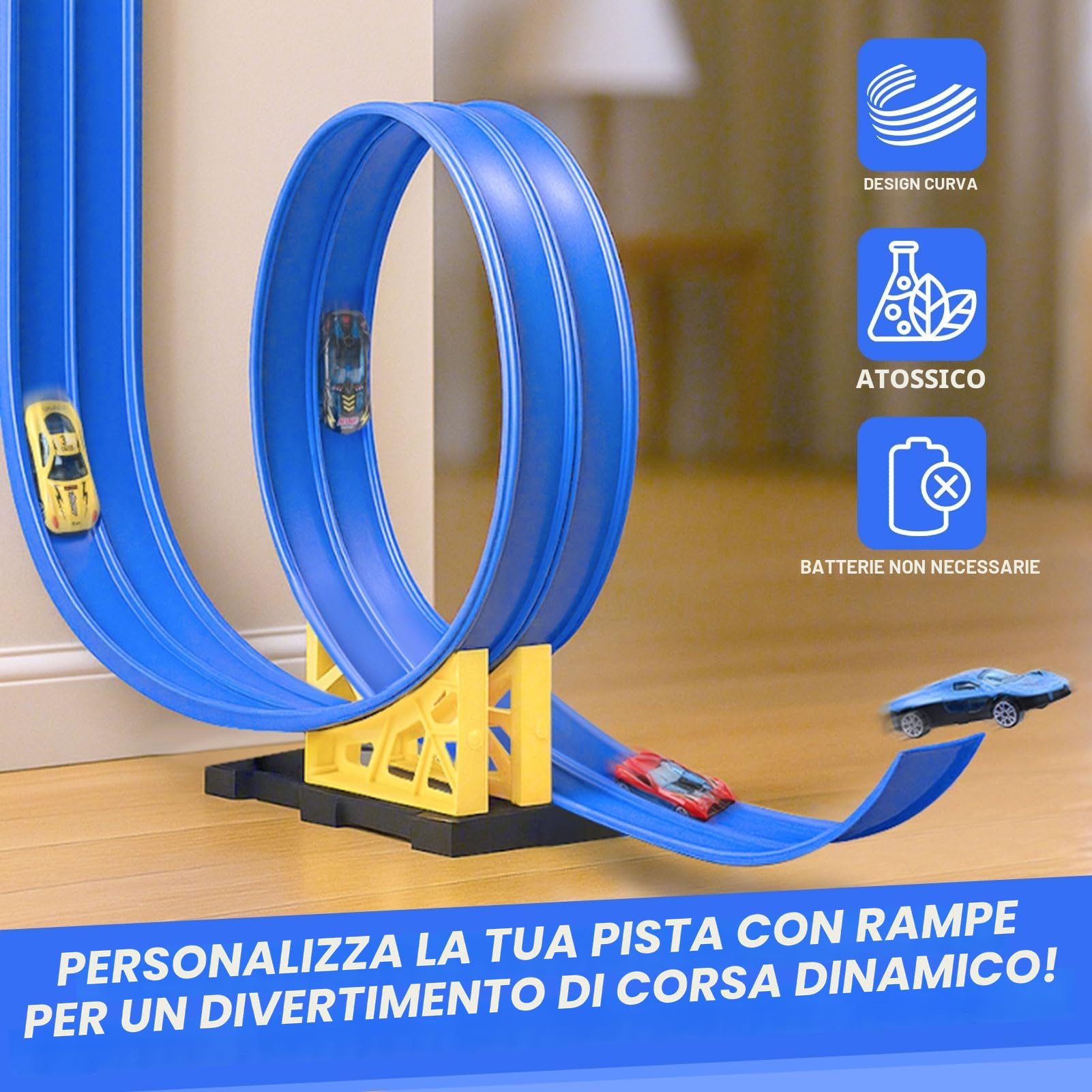 Dreamon Piste Macchinine per Bambini 3 4 5 6 7 Anni 5 Metri Pista Flessibile Macchinine con 4 Macchinine 2 Rampe 1 Borsa Portaoggetti 4 Ventose Regalo per Bambino e Bambine