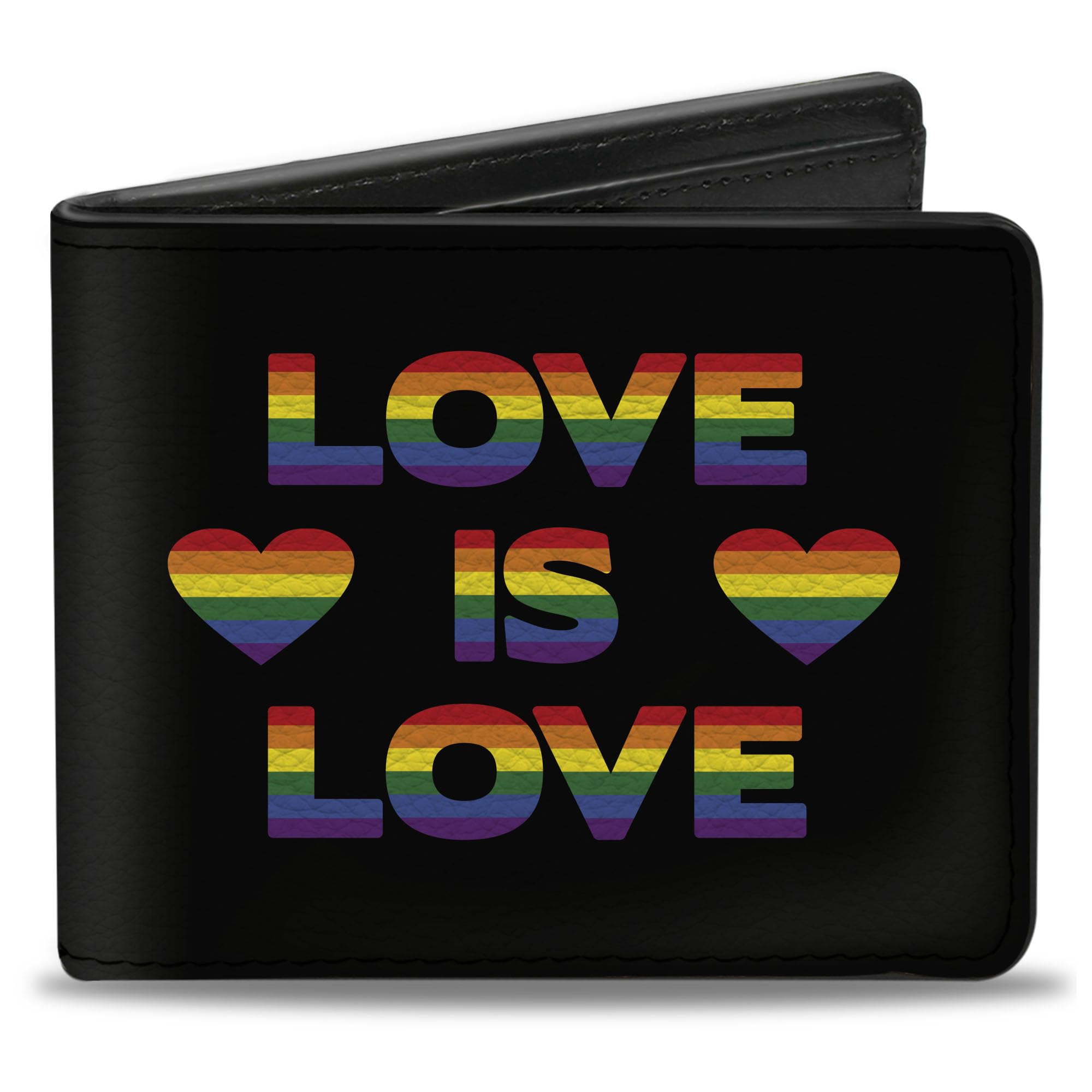 Buckle-Down Men's Wallet, Bifold, Love Heart Black Rainbow, Vegan Leather, Pride, 4.0" x 3.5"