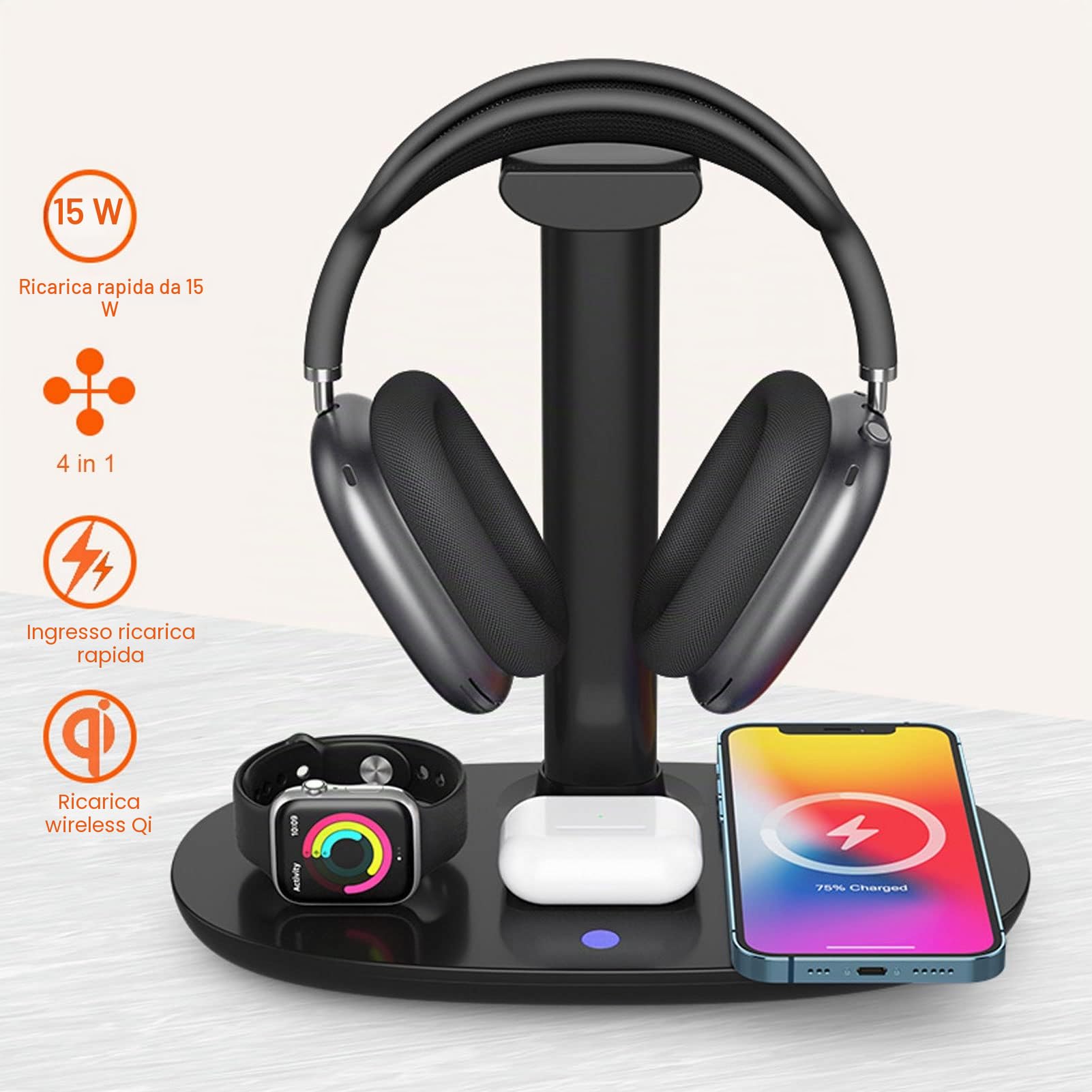 Supporto per Cuffie con Caricabatterie Wireless, Supporto per Cuffie con Stazione di Ricarica Qi 4 in 1, Dock per Stazione di Ricarica Wireless Veloce da 15 W per Telefono IOS, Orologio, Auricolare