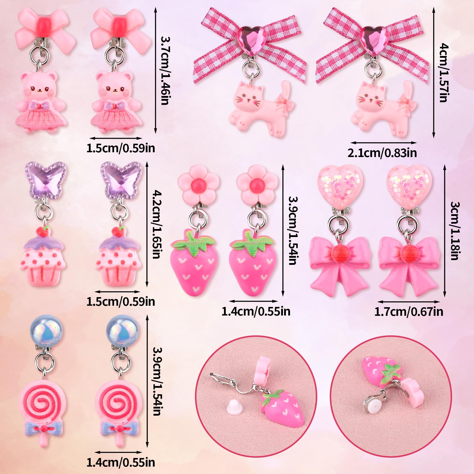 Mikovivi 6 Pairs Colorful Ear Clip Pendant, Non Pierced Clip Stick on Drop Earrings Resin Princess Bow Fruit Animal Style with Bear Cat Cake Candy Dress Up Jewelry Set