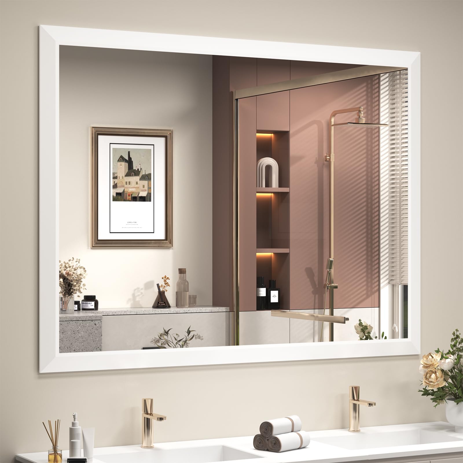Photo 1 of SMIROR 48"x36" Matte White Bathroom Vanity Mirror