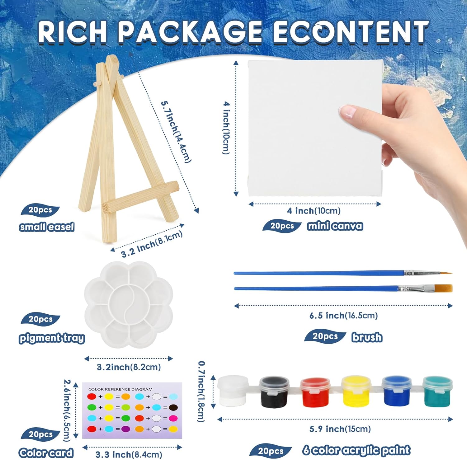 20 Set Acrylic Paint Canvas Set, 4 inches Mini Art Painting Supplies Kit with 6 Colors Acrylics Paint Table Wood Easel Canvas Panels Paint Brushes Palette for Beginner Artist Adults Birthday