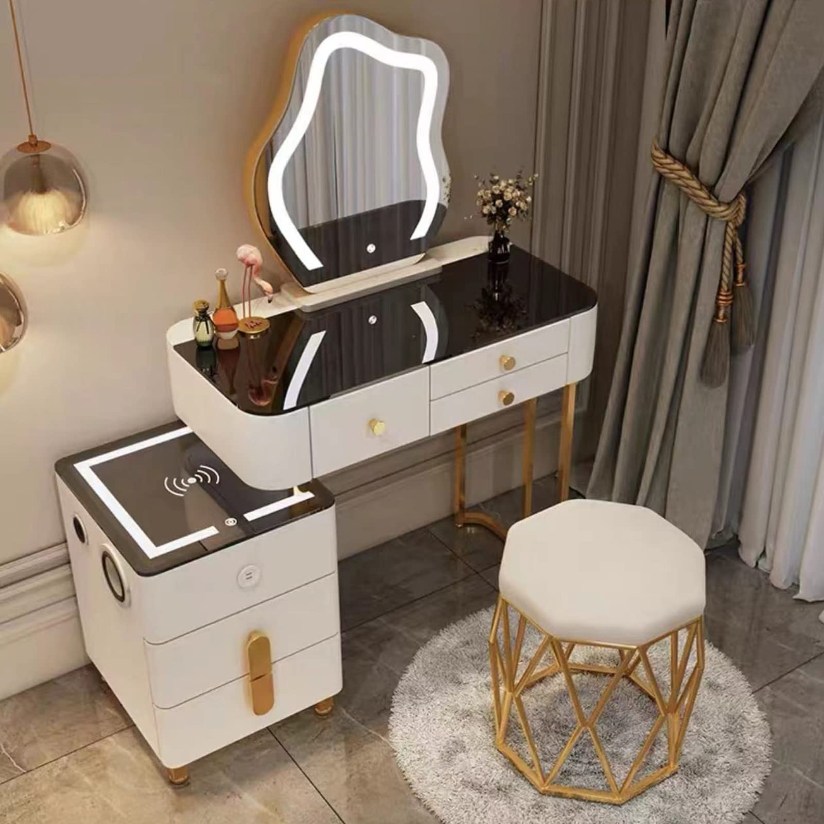 Set Toeletta Con 5 Cassetti, Specchio LED Dimmerabile E Sedia – Design Nordico In Bianco/Grigio/Rosa