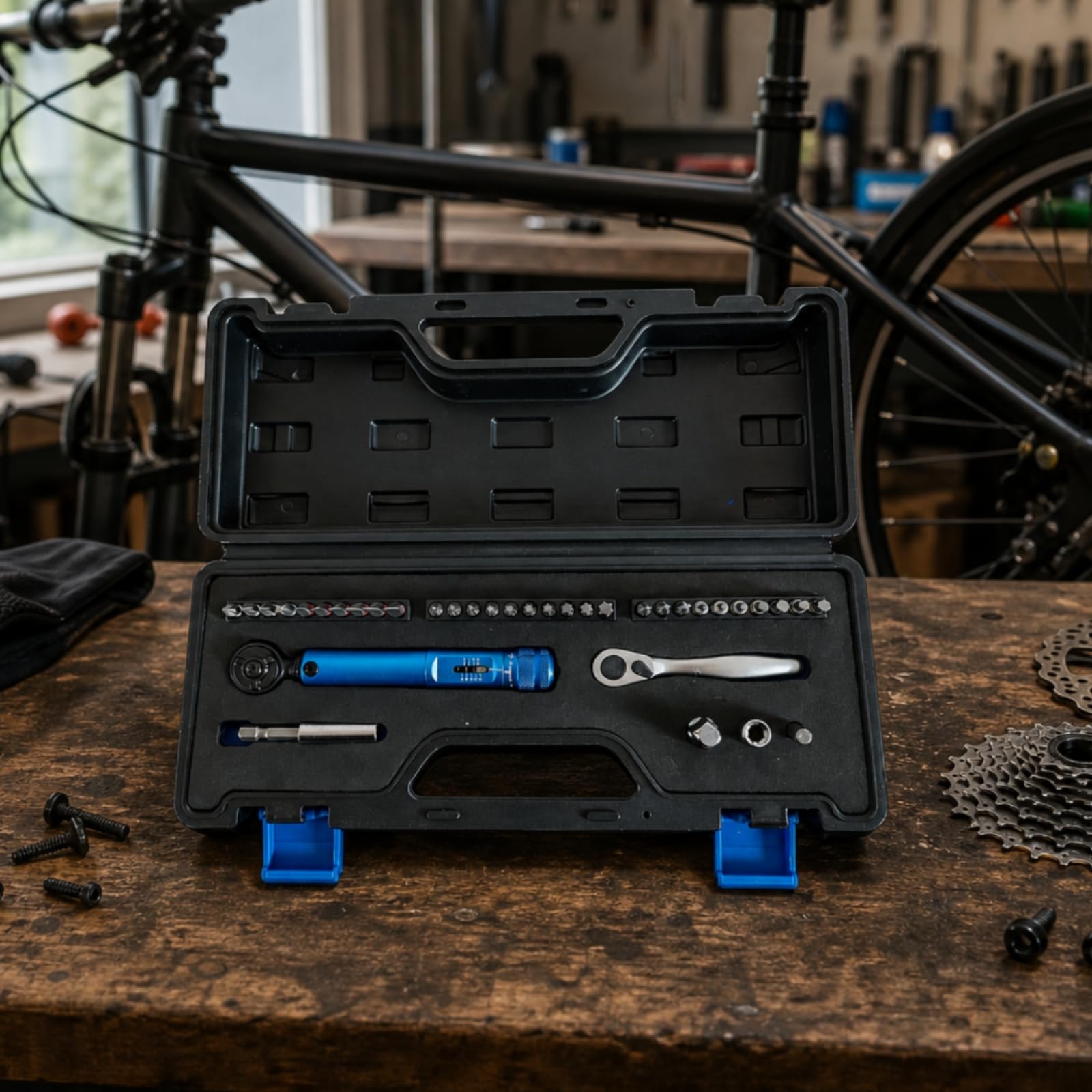 MagiDeal Chiave Dinamometrica Bici Set Riparazione Bussole Bit Adattatori Prolunga Cricchetto Controllo Coppia Stampata Custodia con Scomparti Adatta per Ciclisti Professionisti Laboratorio