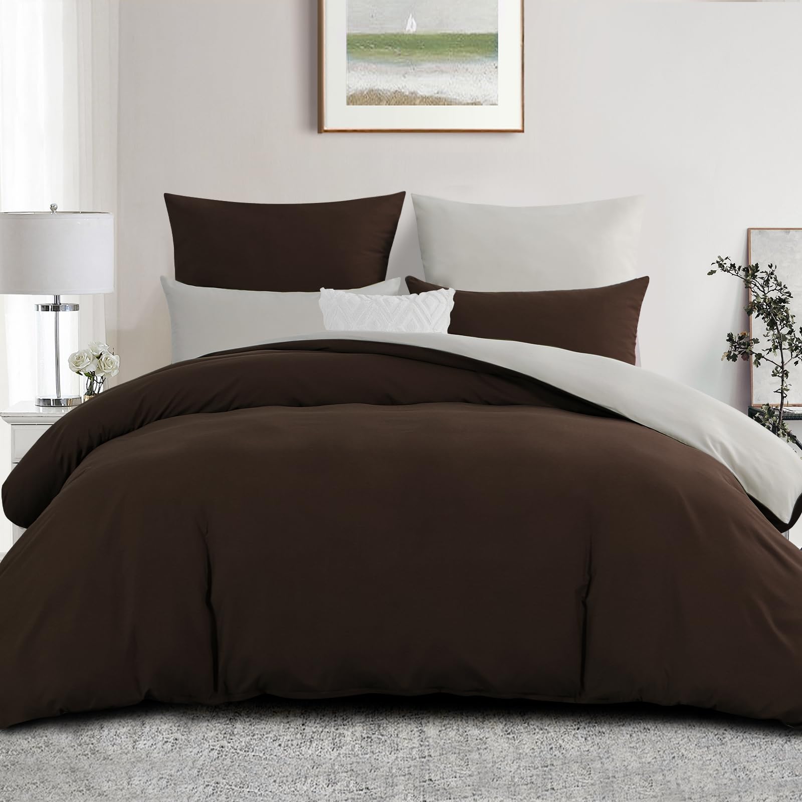 Aisbo King Size Duvet Cover Set - 3Pcs Reversible Bedding Bed Set Brown and Beige Kingsize Soft Brushed Microfiber Quilt Cover with 2 Pillowcases 50x75cm — image 1