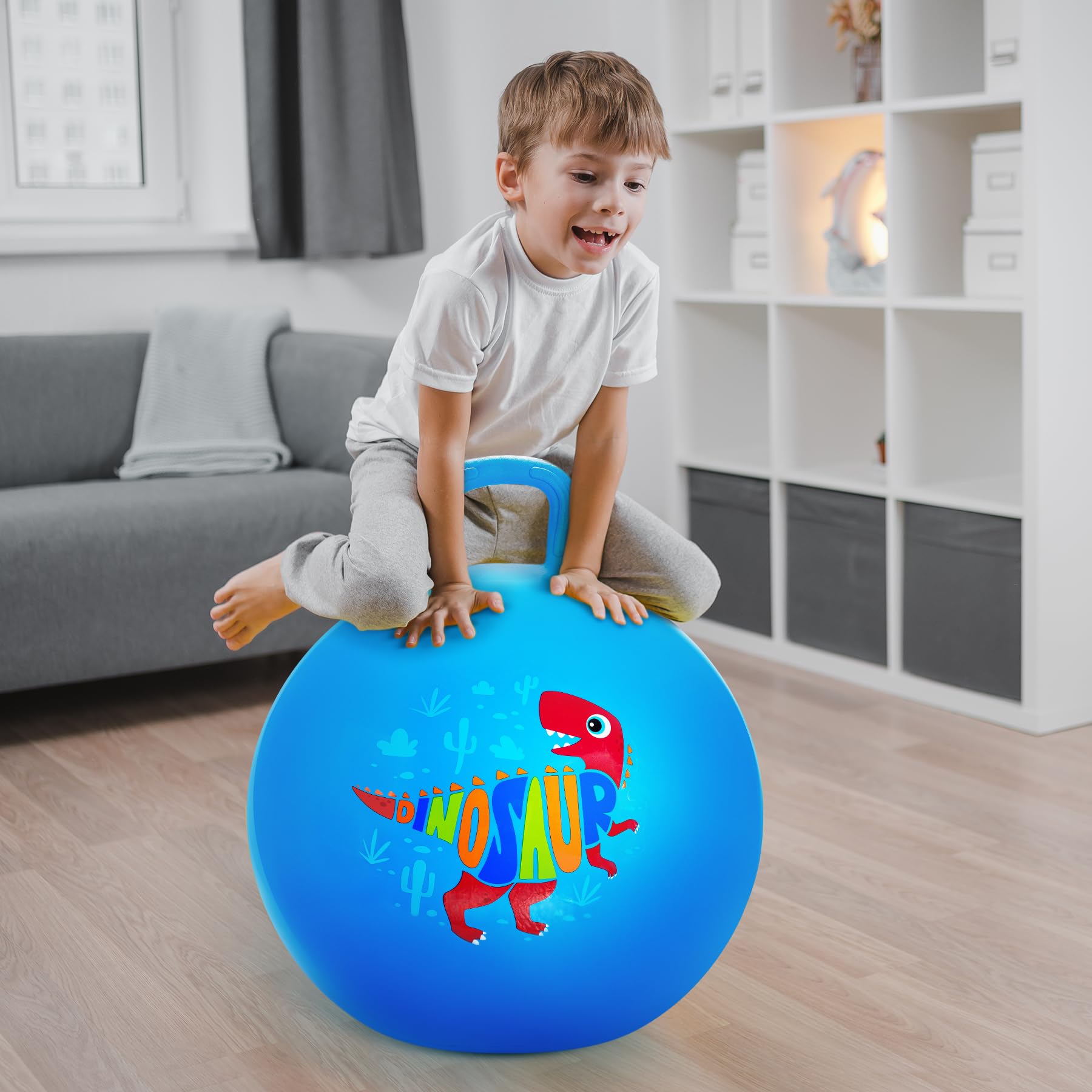 INPODAK 18inch Space Hoppers for Kids Age 3-8 Blue Dinosaur Space Hopper Anti-slip Hopper Ball with Handle Inflatable Jumping Balls with Handpump Jumping toy for Boy Girls Indoor Outdoor Garden Game - Image 2