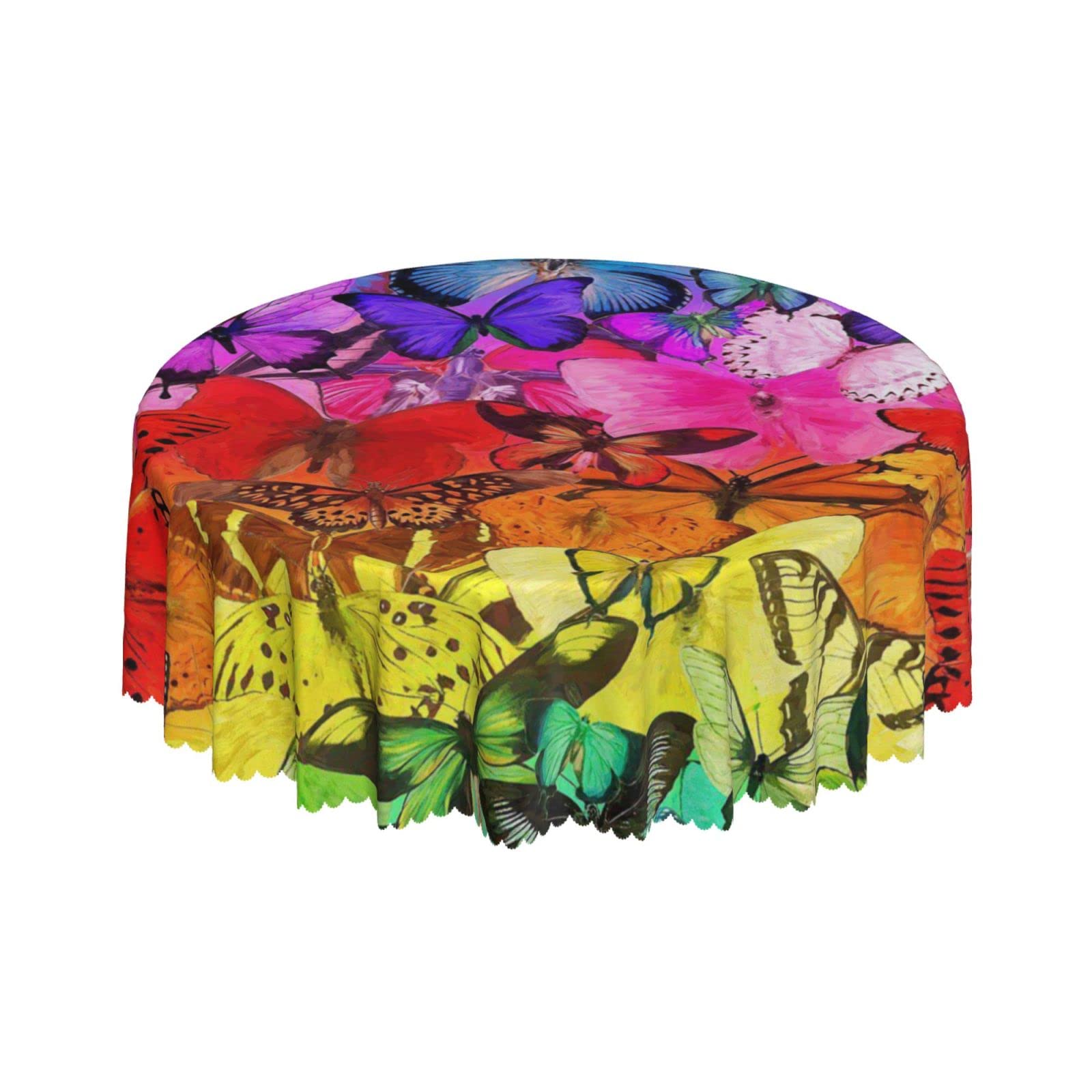 Lsjuee Rainbow Gradient Butterfly Round Tablecloth 60 Inch Printed Washable Tablecloth for Dining Party Holiday Fall Home Decorative