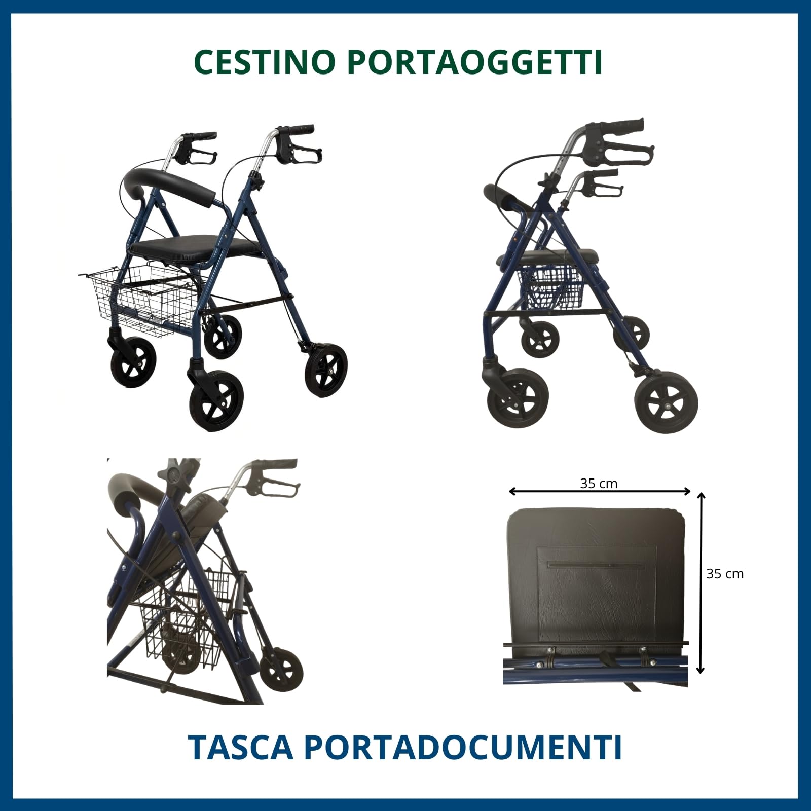 TERMIGEA RO23 Deambulatore per Anziani con Seduta Pieghevole in Alluminio Ultraleggero, Carrello per Anziani per Camminare con Sedile, Freni di Stazionamento e Altezza Impugnature Regolabile
