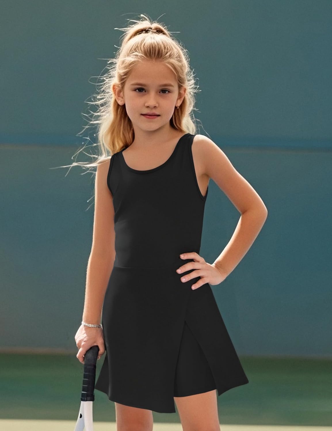 Little Girls Golf Tennis Sports Round Neck Sleeveless Athletic Active Dress with Safety Shorts and Pockets - Image 7