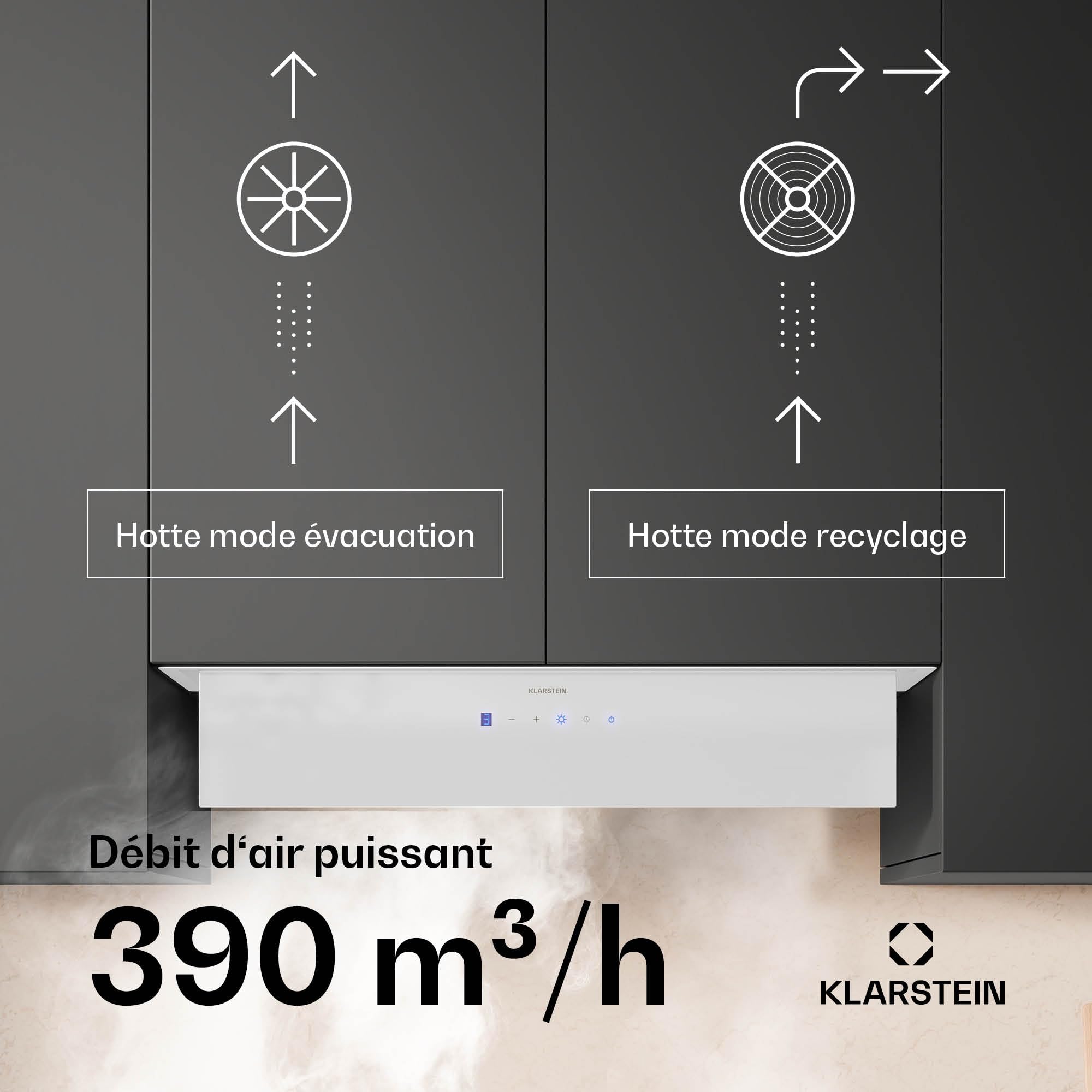 Klarstein Ventimate Hotte à Tiroir, 85cm Hotte Cuisine Aspirante avec Commande Tactile, 390 m³/h, Efficacité Énergétique A+, Moteur Silencieux, Éclairage LED, Filtre à Charbon, Blanc