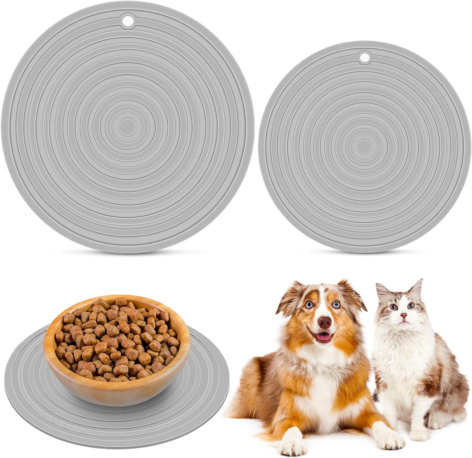 2 Pieces Silicone Pet Food Mat Pet Feeding Mat for Dog and Cat Food Bowl Placemat Preventing Food and Water Overflow Suitable for Medium and Small Pet, 9.5 x 9.5 Inch and 7.1 x 7.1 Inch (Gray)