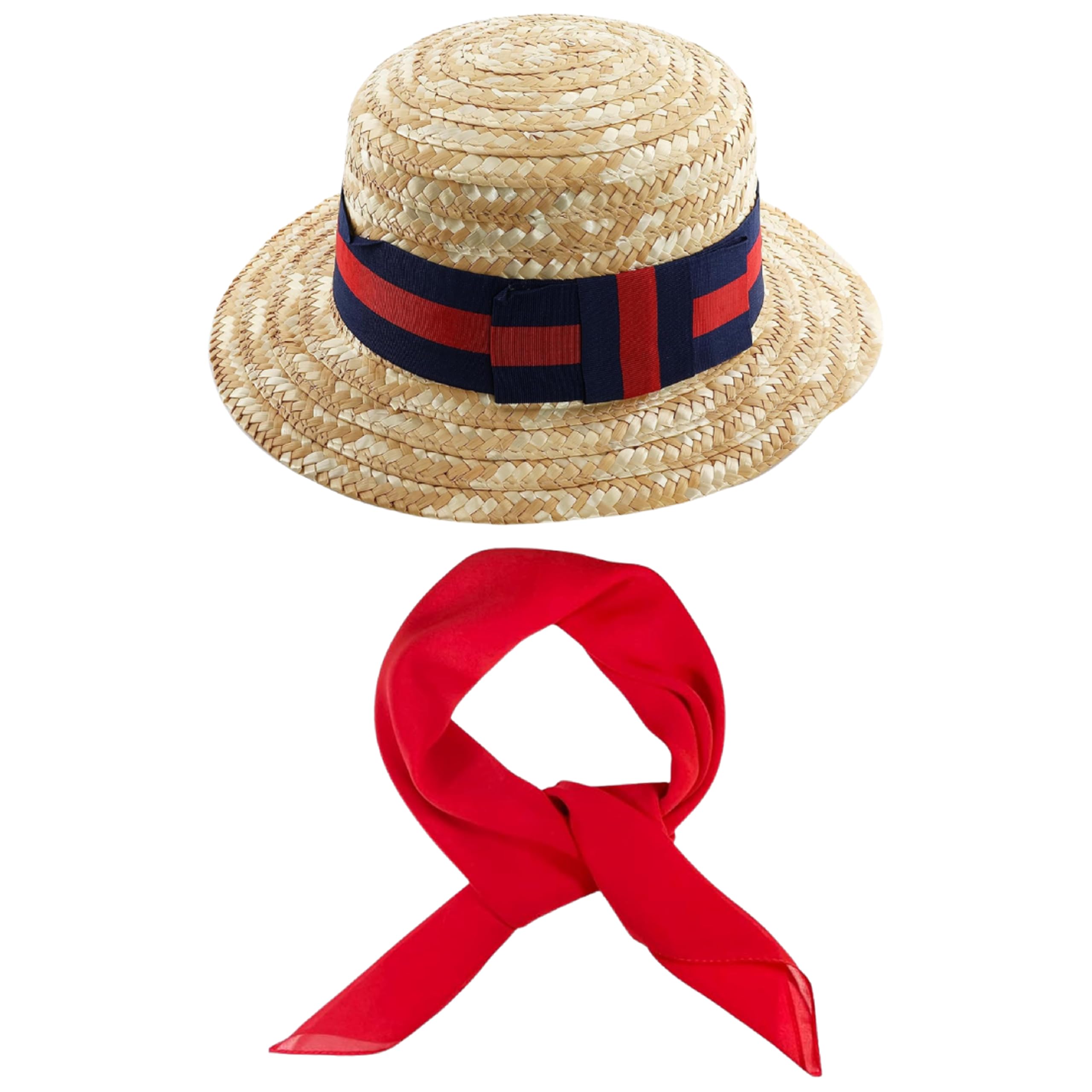 Straw Boater Hat & Scarf Vintage Accessory Set - Lightweight Straw Boater Hat, With a Navy Blue & Red Striped Band and Plain Red Bandana Scarf - Perfect for Any Fancy Dress Party