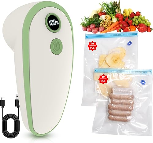 Sellador al vacío de mano para alimentos con 20 bolsas reutilizables, portátil, recargable, potente máquina selladora al vacío compacta para cocina