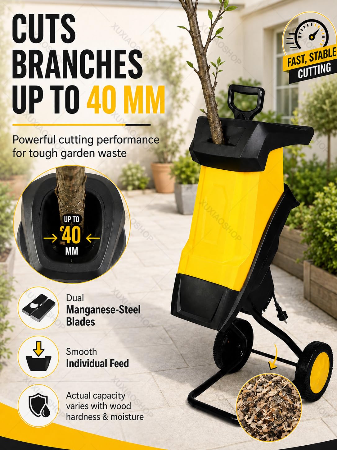 Trituradora de Ramas Eléctrica 2500W Trituradora de Jardín Verde 20MPowerCord | Biotrituradora de Ramas Ø40 mm, 4500 RPM, Trituradora de Hojas con Bolsas, Trituradora para Residuos de Jardín