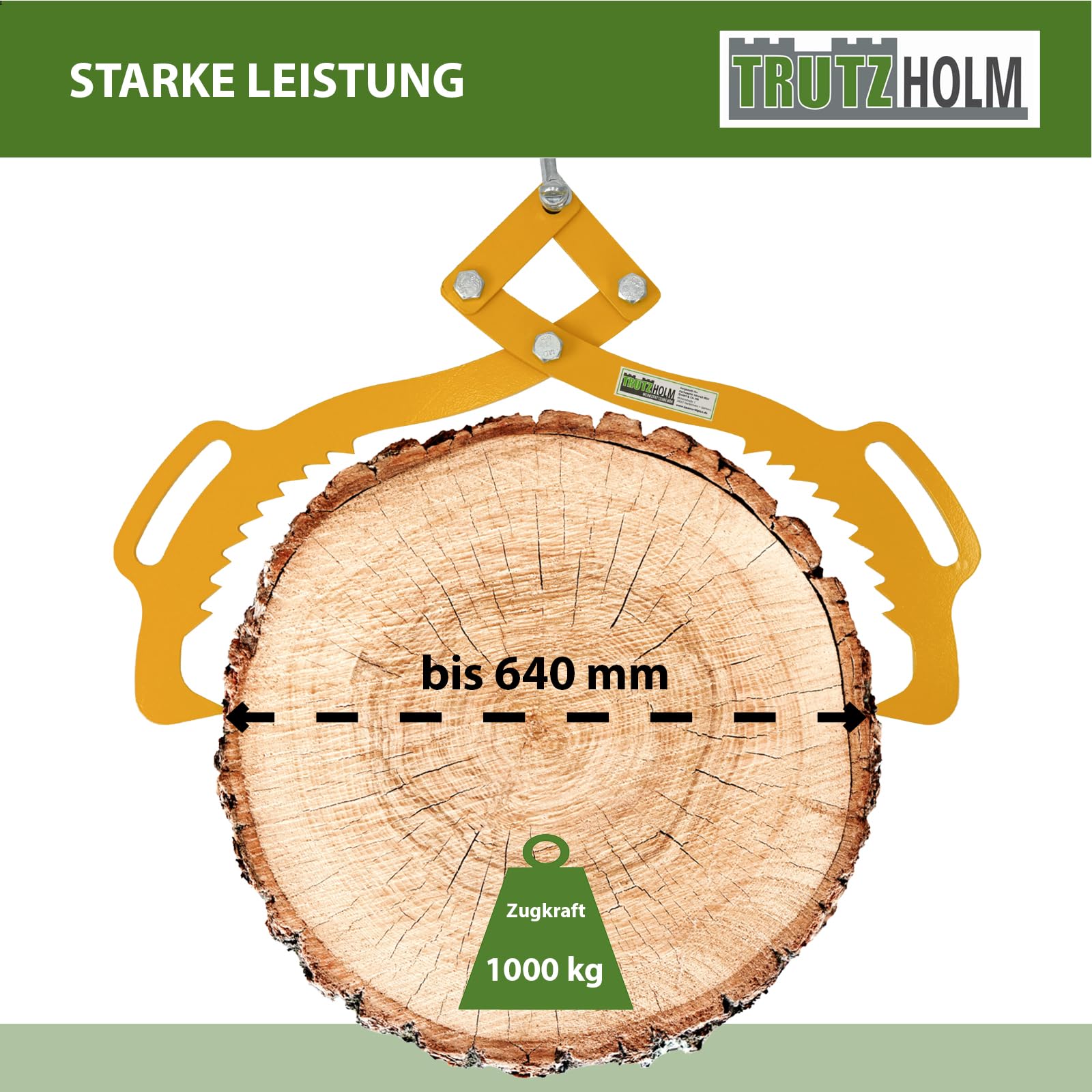 TRUTZHOLM Forstzange für Baumstämme Hebezange mit 2 Klemmdornen Verladezange Holzzange Rückezange zum Heben, Bewegen und Verladen von Holz in RAL 1003 Signalgelb (1000 kg)