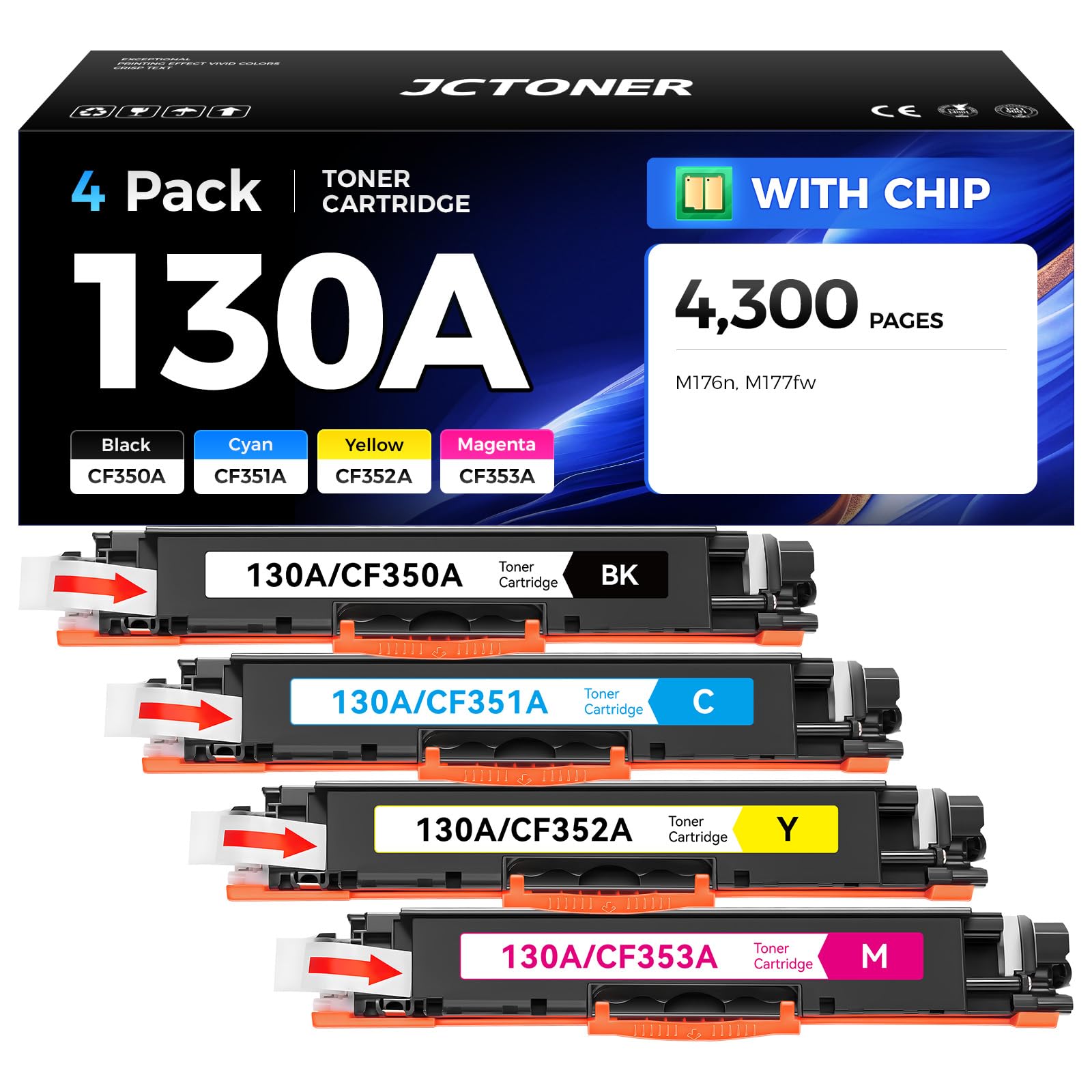 130A Toner Cartridge Set 4-Pack High Yield Replacement for HP 130A CF350A CF351A CF352A CF353A Compatible with HP Color LaserJet Pro MFP M176n M177fw