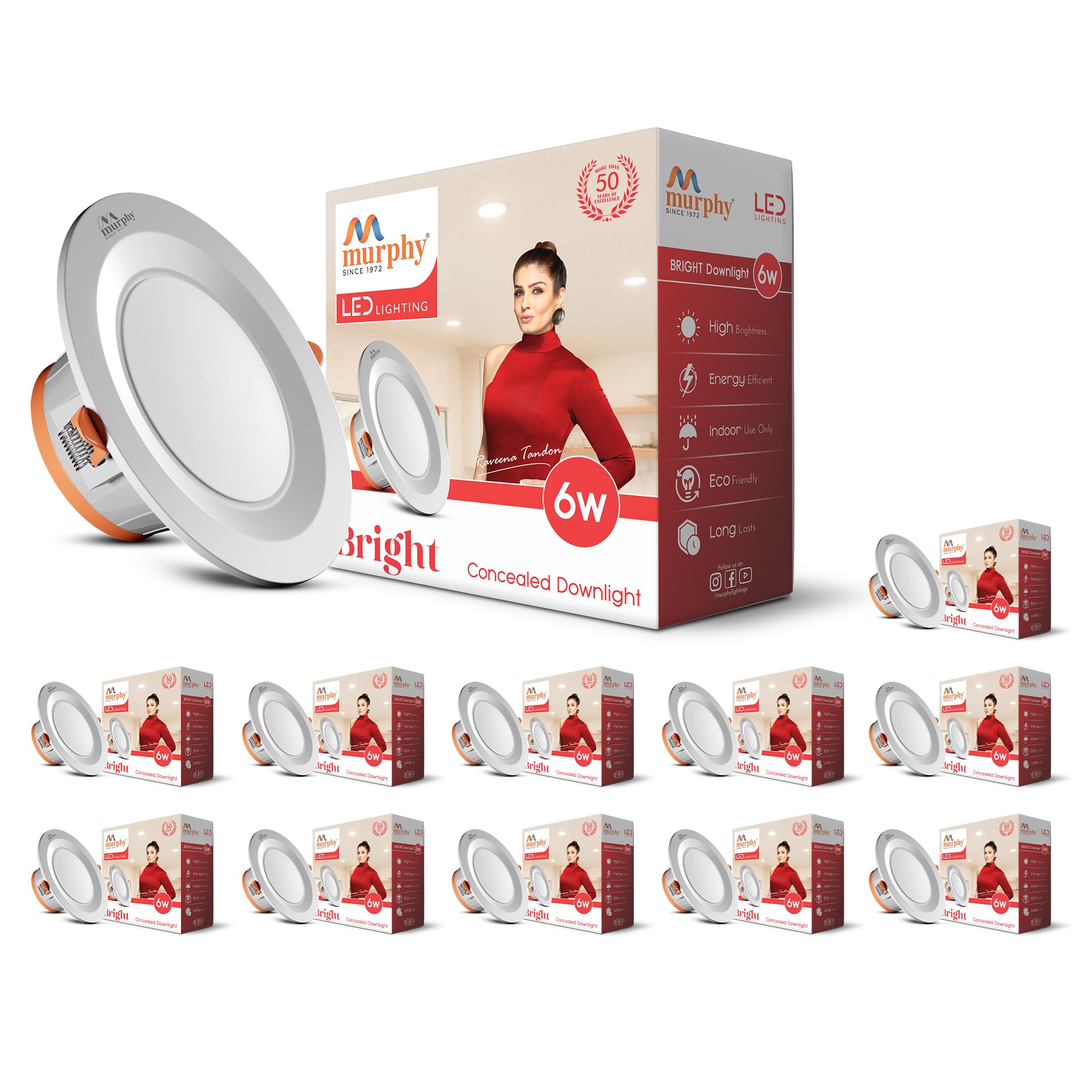 Murphy 6W Bright LED Downlight – Warm White, Slim Round Recessed Ceiling Light, 3-Inch Junction Box Compatible, Anti-Glare Diffuser, Energy Efficient (Pack of 12, 2-Year Warranty)