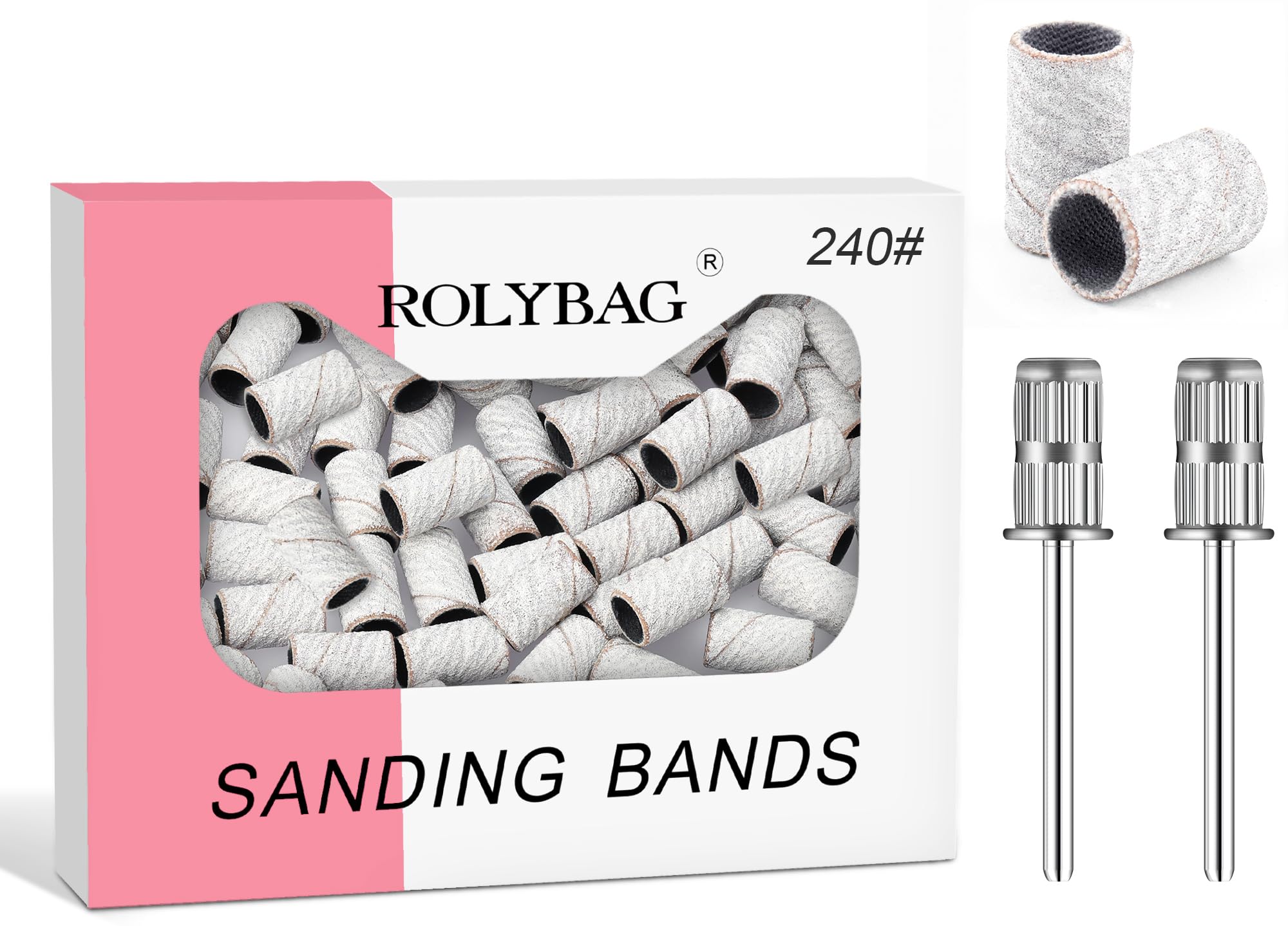Rolybag Sanding Bands for Nail Drill, 240 Grit Sanding Band Include 100 Fine Grit Sanding Bands and 2 Pcs Mandrel Bit for 3/32" Nail Drill Machine,