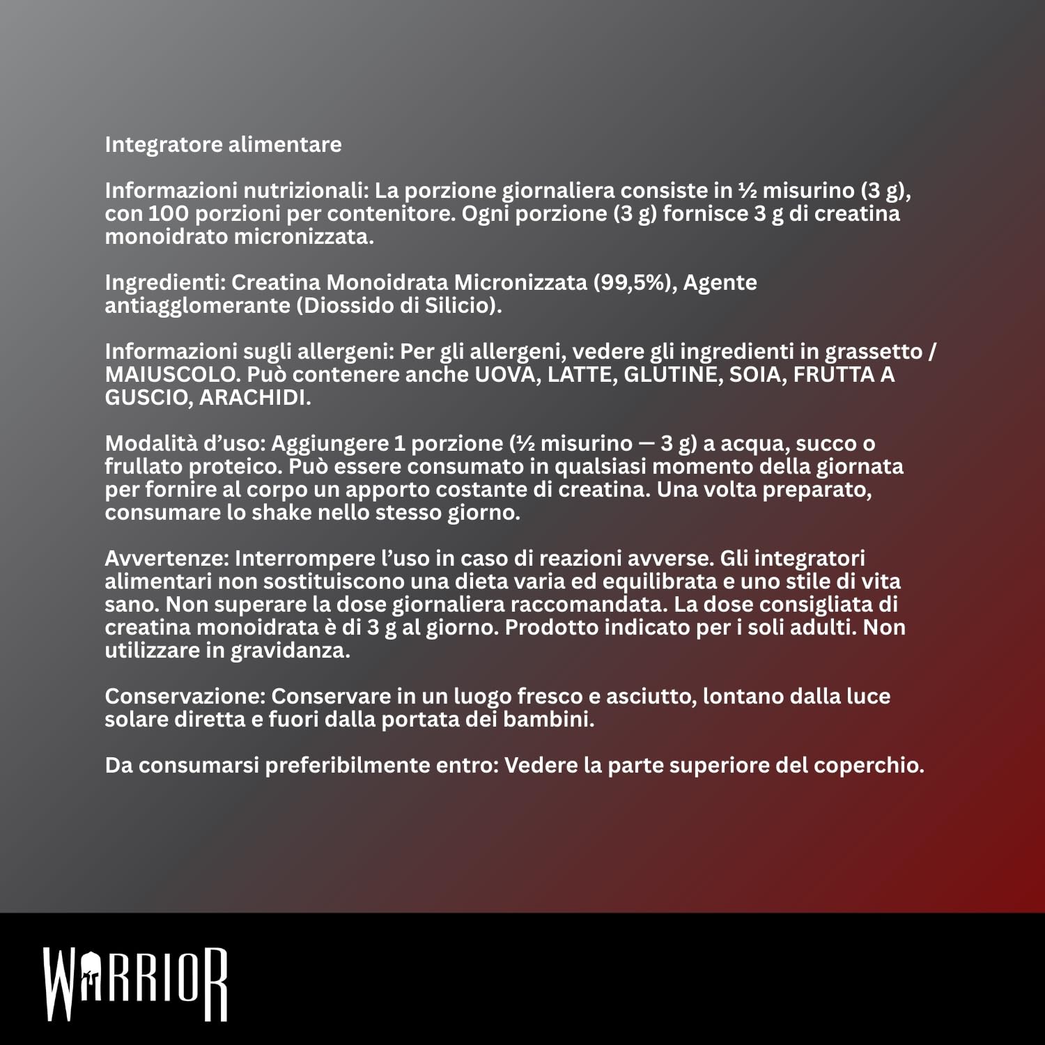 Warrior Creatina Monoidrata in Polvere 300 g (100 Porzioni) – Creatina Pura Creapure, Creatina Monoidrata Micronizzata per Massa Muscolare e Forza, Creatine Monohydrate Vegan – Senza Aroma (Neutro)